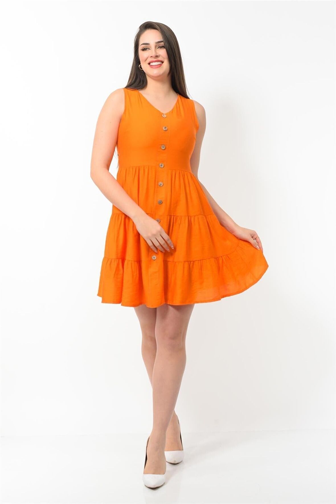 Kadın Boydan Düğmeli Yeni Sezon V Yaka Midi Boy Elbise 4472/95