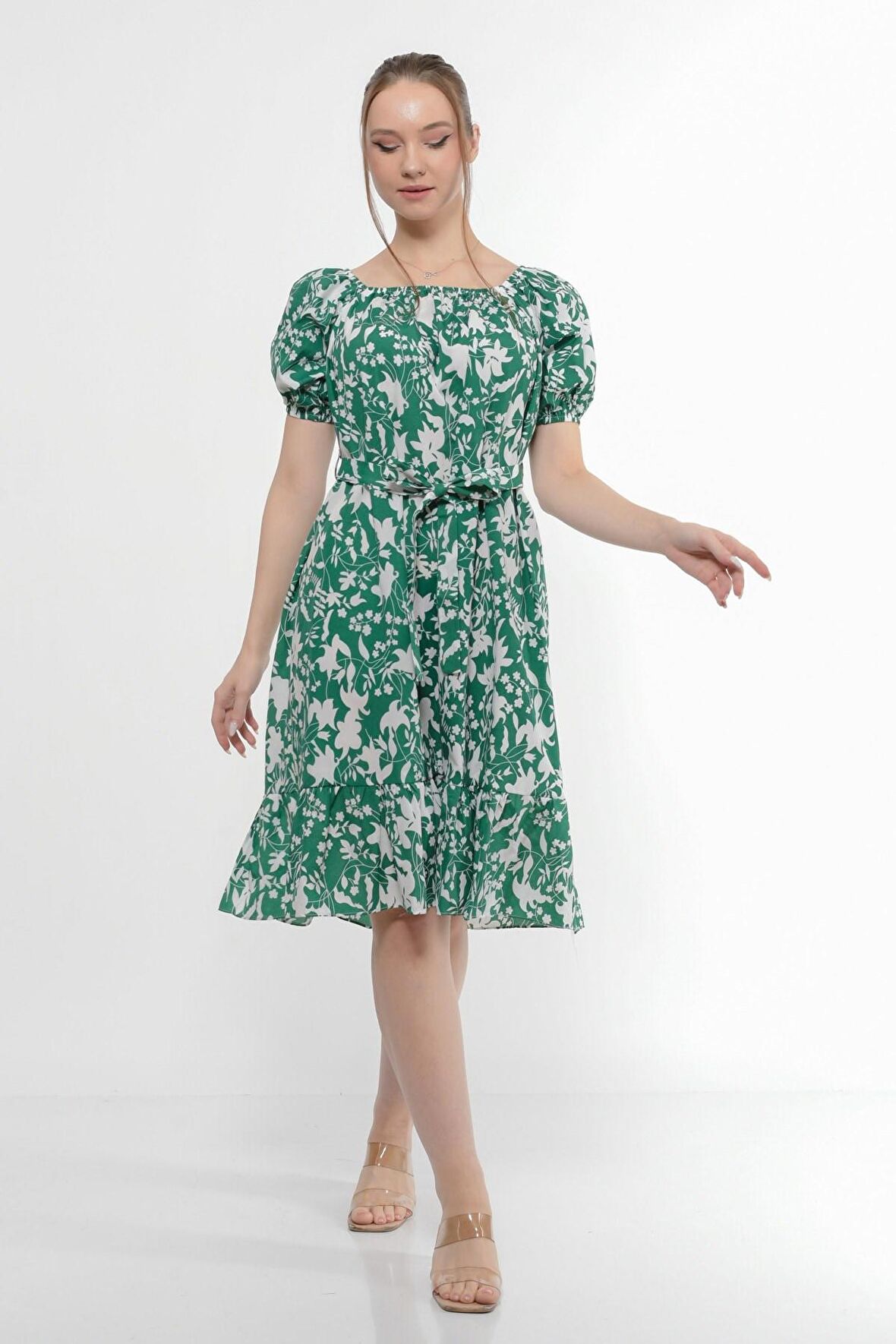 Kadın Kayık Yaka Büzgülü Volan Detaylı Midi Yazlık Elbise 4473/105