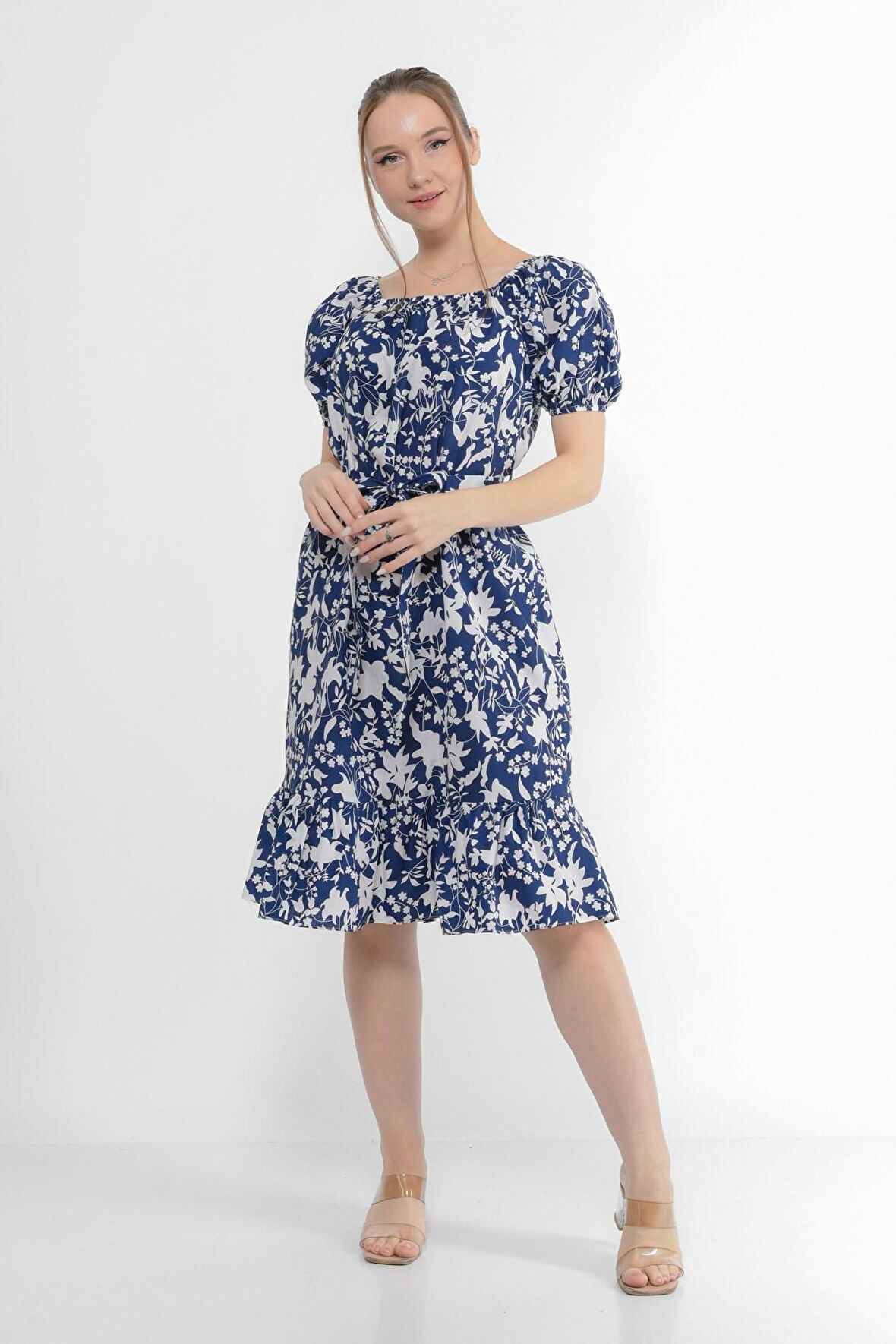 Kadın Kayık Yaka Büzgülü Volan Detaylı Midi Yazlık Elbise 4473/105