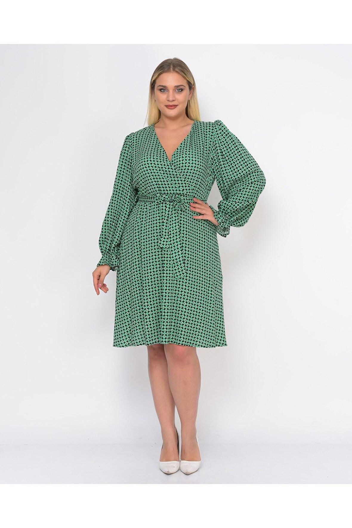 Kadın Kruvaze Yaka Kuşak Detaylı Midi Elbise 4481/105