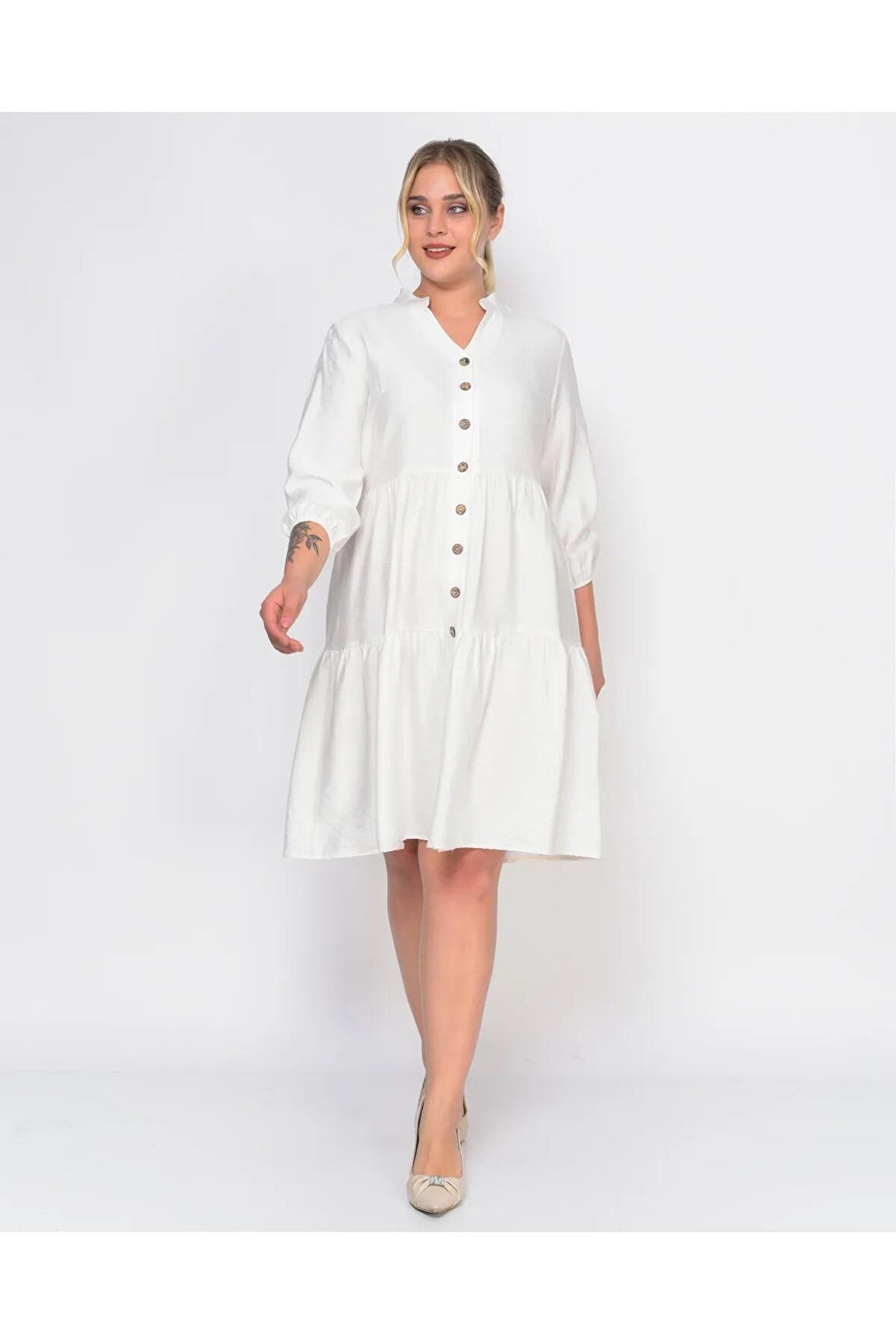 Kadın Büyük Beden V Yaka Düğmeli Midi Elbise 4483/105