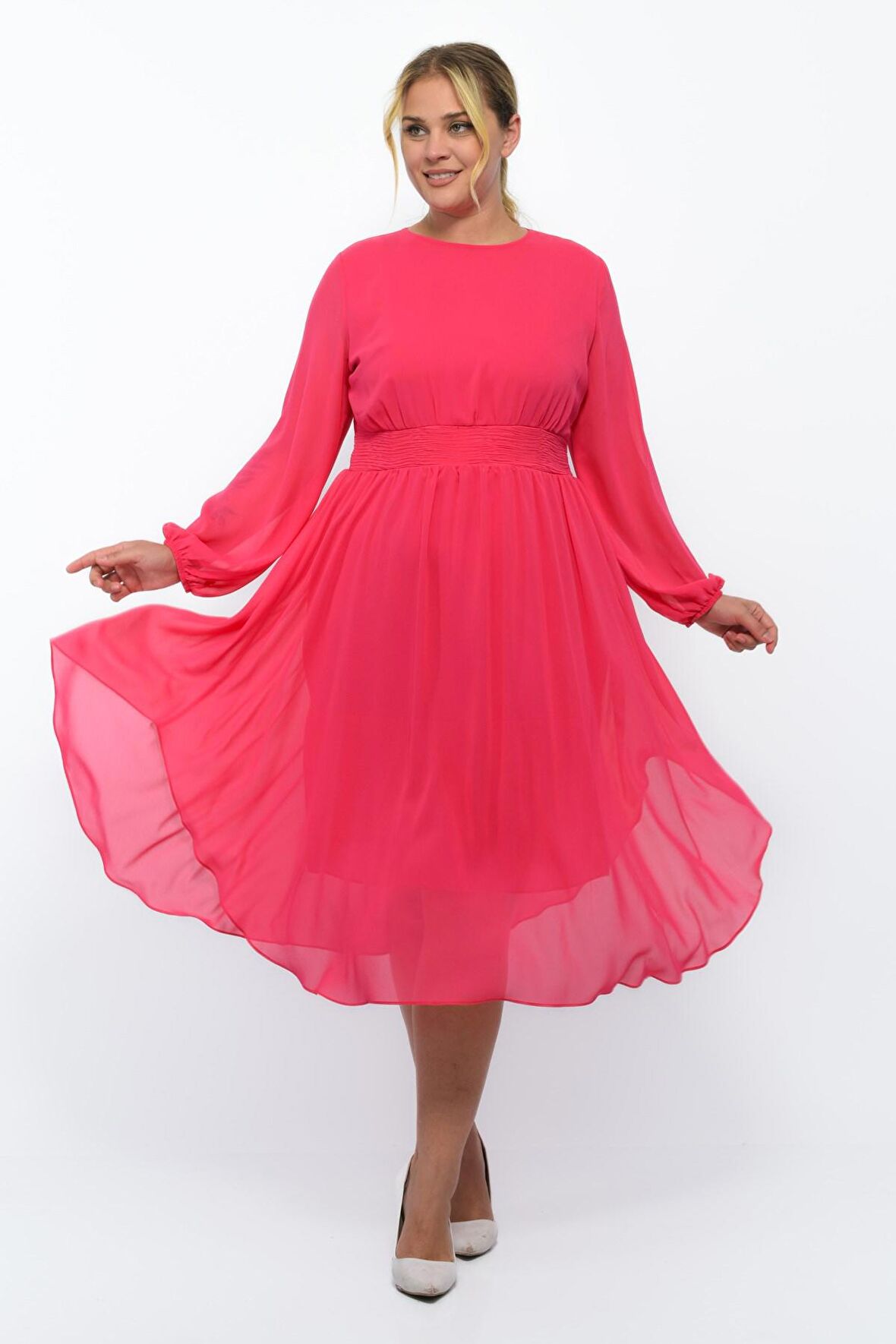 Kadın Bisiklet Yaka Uzun Kol Detaylı Midi Boy Şifon elbise 4466/120