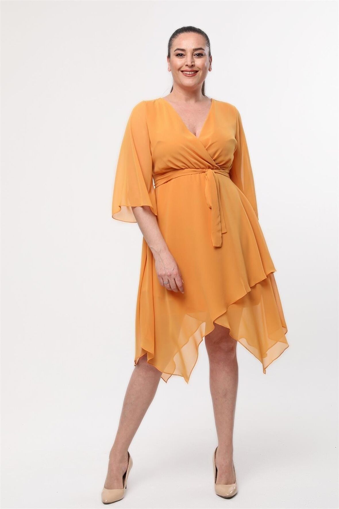 Kadın Kruvaze Yaka Uzun Kol Detaylı Midi Boy Şifon elbise 4465/120