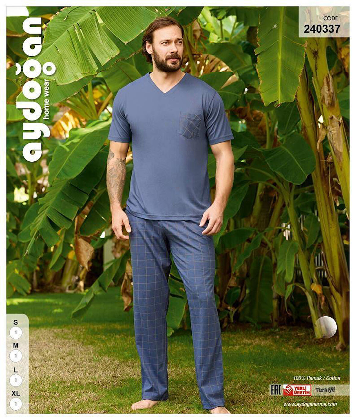Aydoğan Erkek Mavi %100 Pamuklu Kısa Kollu Pijama Takımı 240337