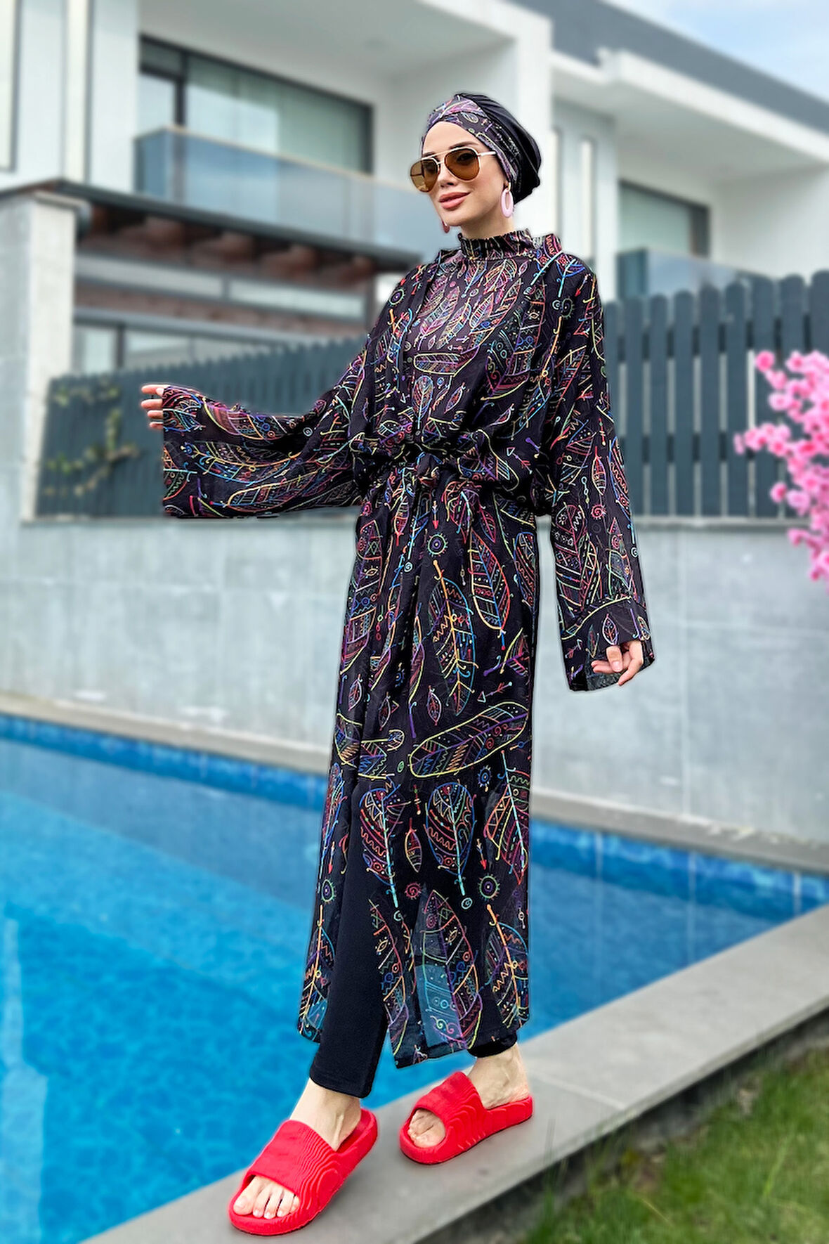 Remsa Tesettür Mayo Üzerine Tek Kaftan Kimono Pareo Yaprak Tema RP004B  Zeynep | Siyah