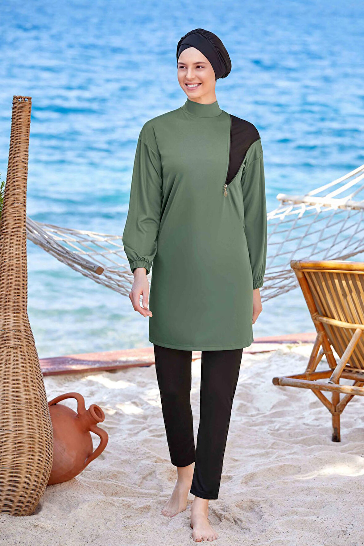 Likralı Tam Kapalı Tesettür Mayo Rozamay Alanı 9238 Haki | S