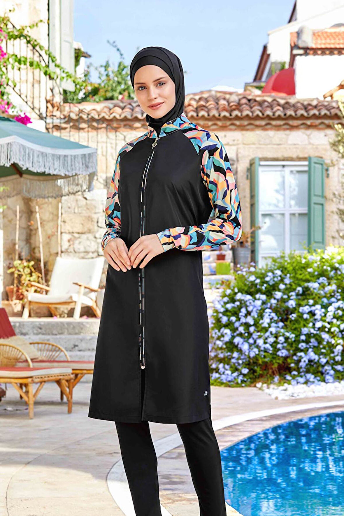 Likralı Tam Kapalı Tesettür Mayo Elena 8266 Siyah  | L