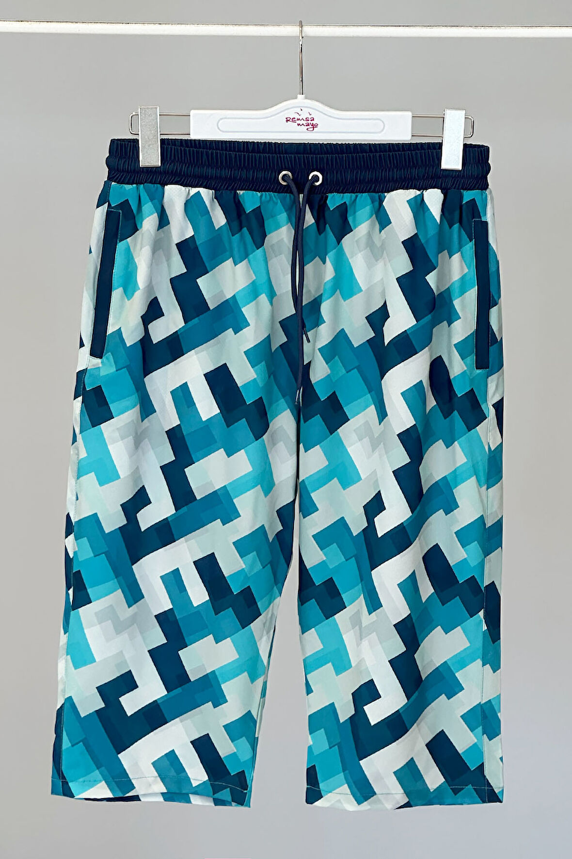 Remsa Erkek Havuz Deniz Uzun Kapri Şort Mayo RK003 Mavi | L