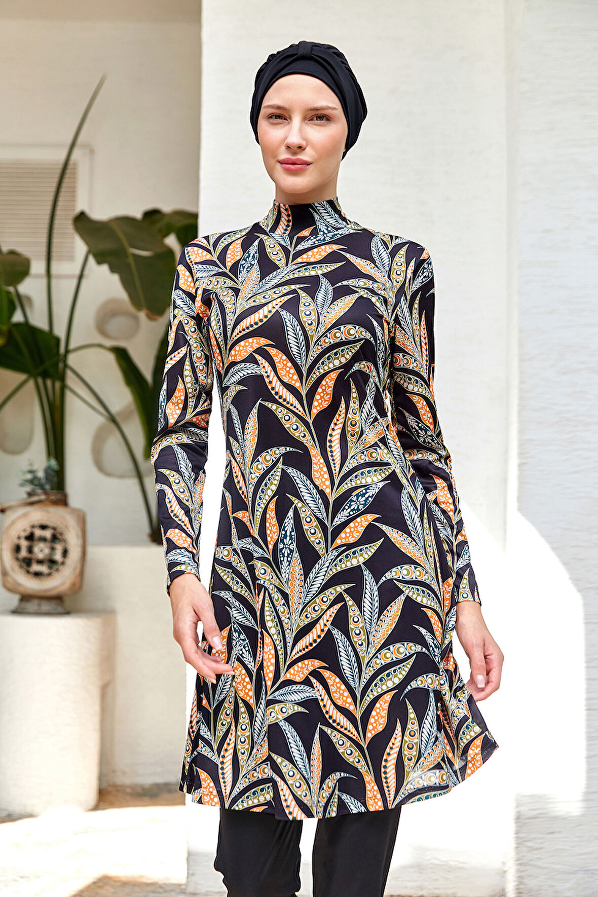 Likralı Tam Kapalı Tesettür Mayo Desenli 3105 Siyah | L