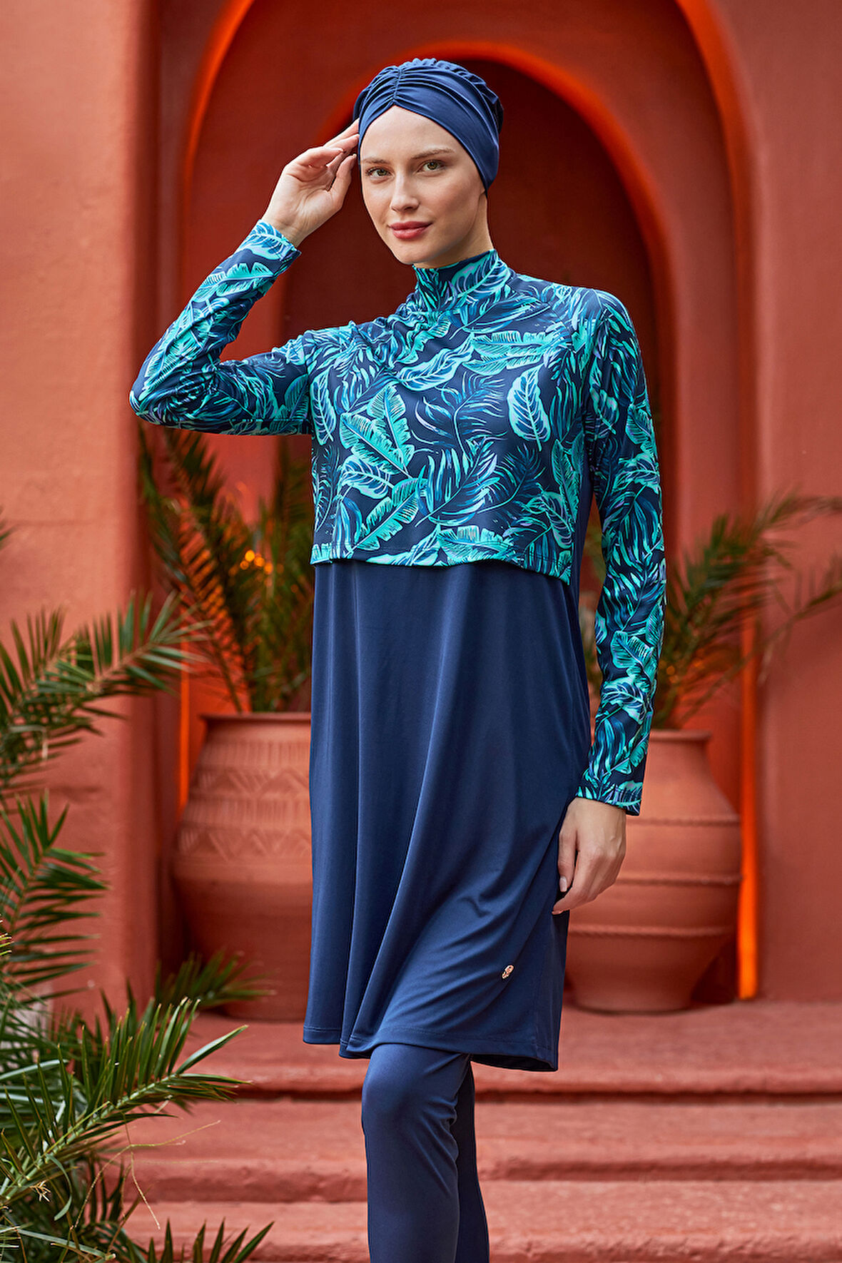 Yarım Desenli Likralı Tam Kapalı Tesettür Mayo 3121 Koyu Lacivert | L