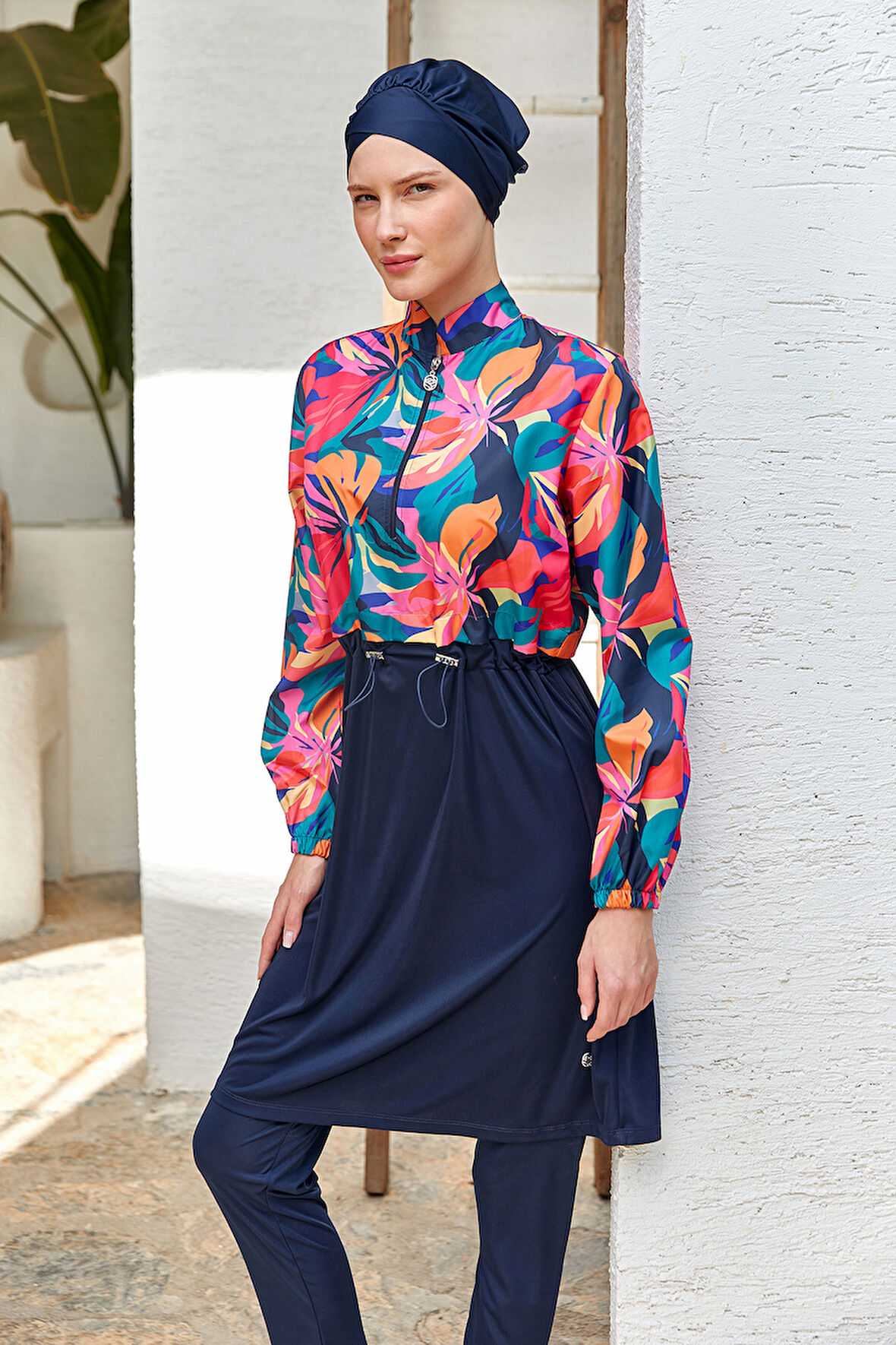 Tam Kapalı Tesettür Mayo Yarım Desenli 3403 Koyu Lacivert | M