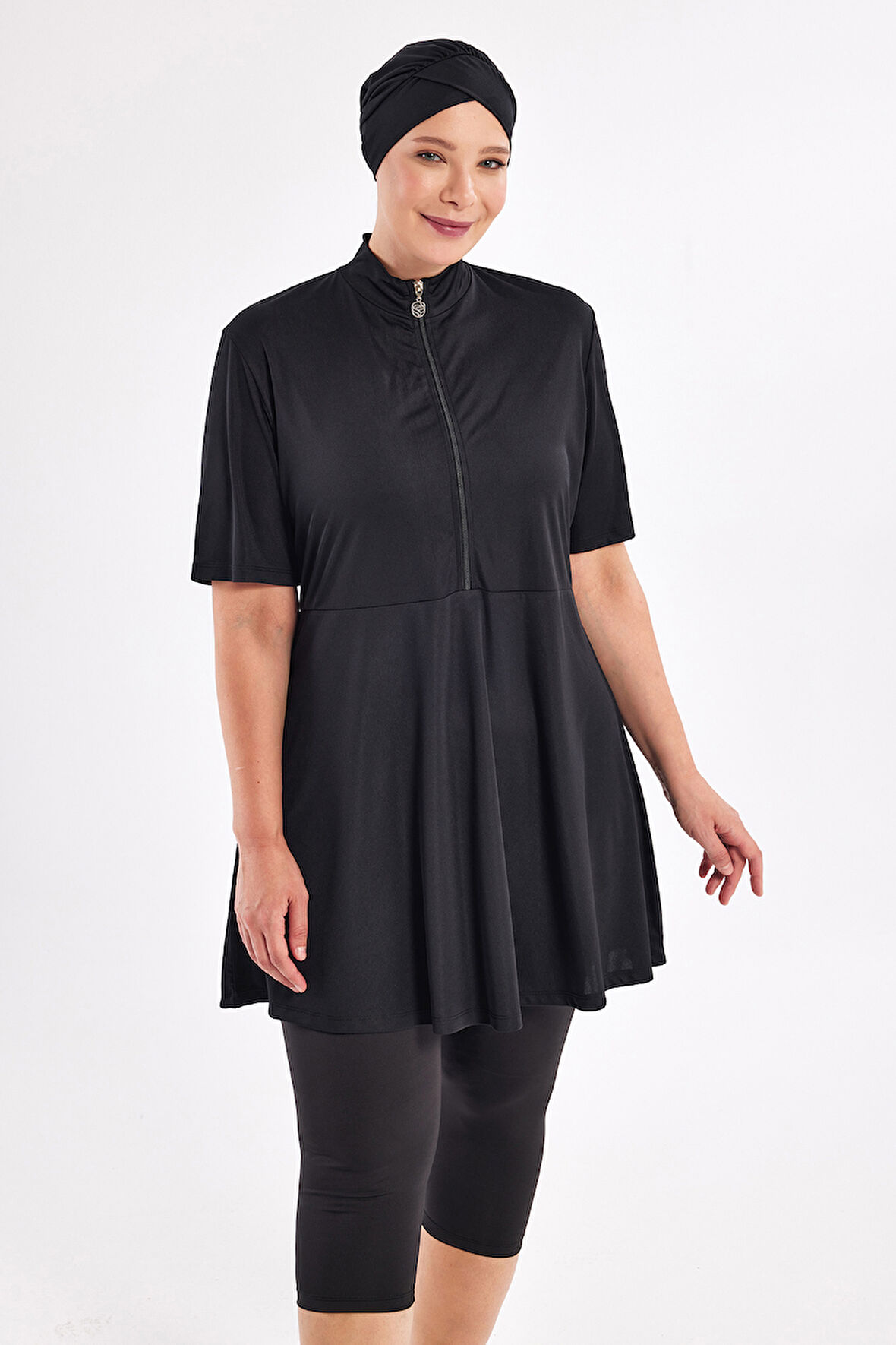 Büyük Beden Kısa Kollu Yarı Kapalı Mayo 3803 Siyah | 3XL