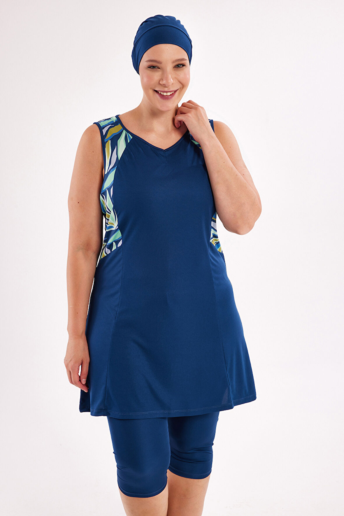 Büyük Beden Sıfır Kollu Yarı Kapalı Mayo 3806 Açık Lacivert | 4XL