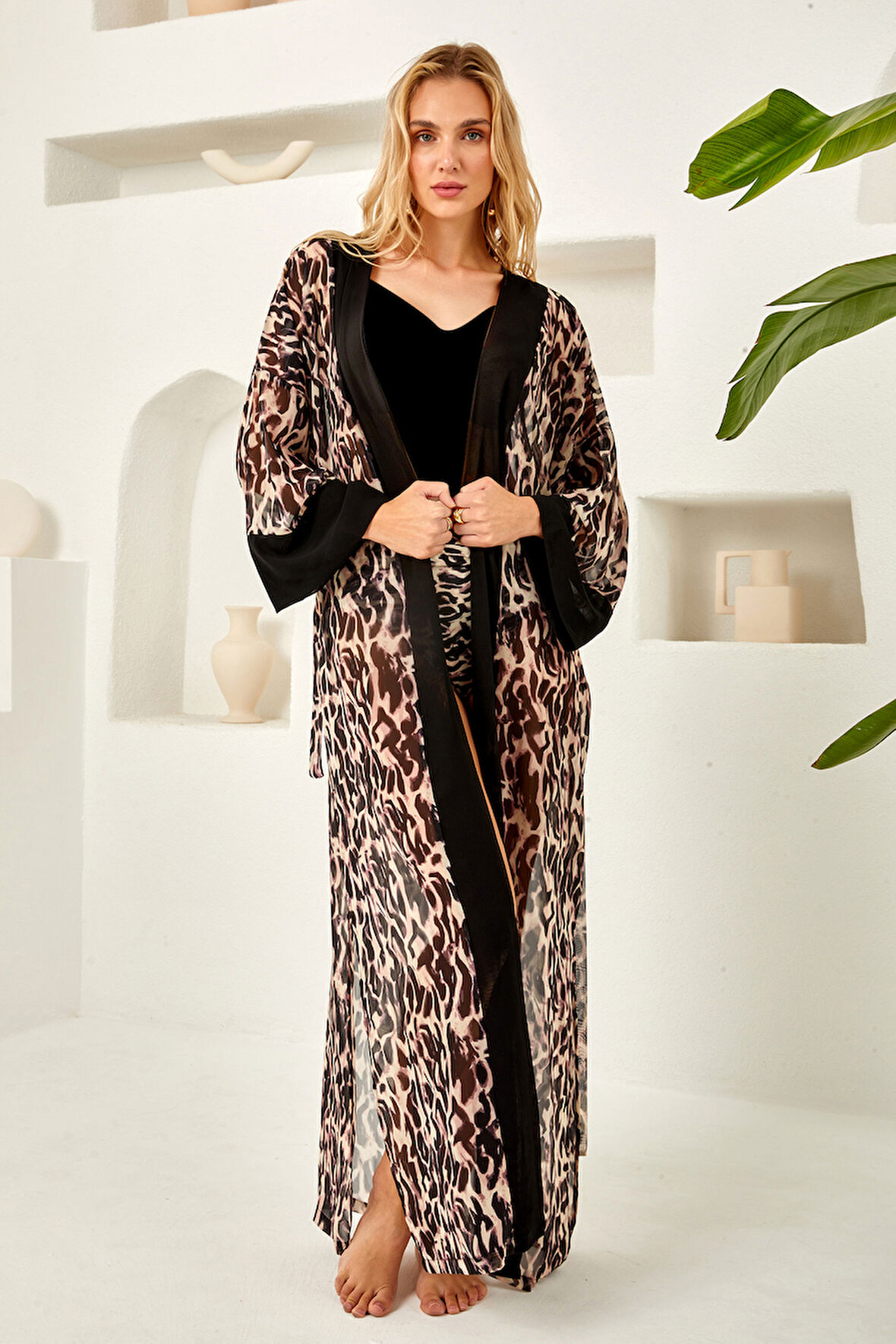 Mayo Üzerine Tek Pareo Kimono 4824 Leopar Siyah01 | 2