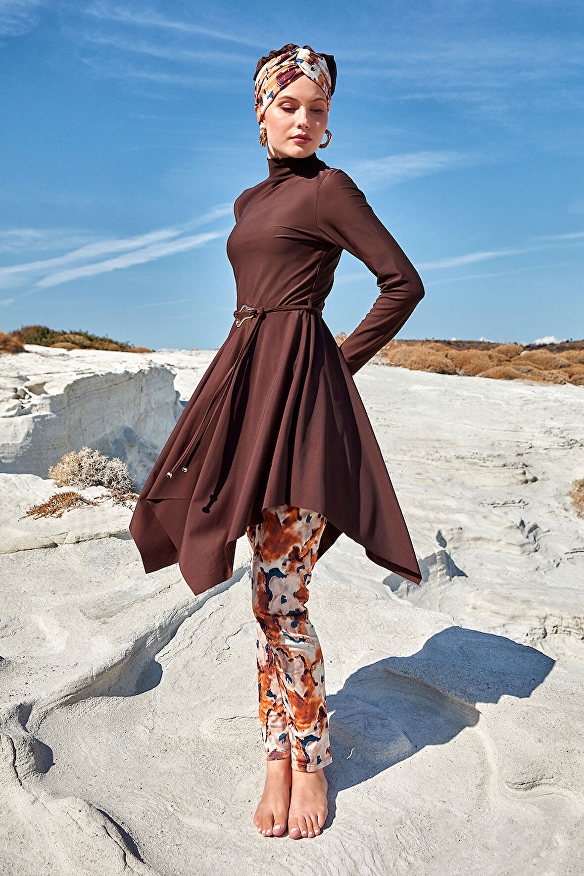 Likralı Tam Kapalı Tesettür Mayo 1122 Kahverengi | XL