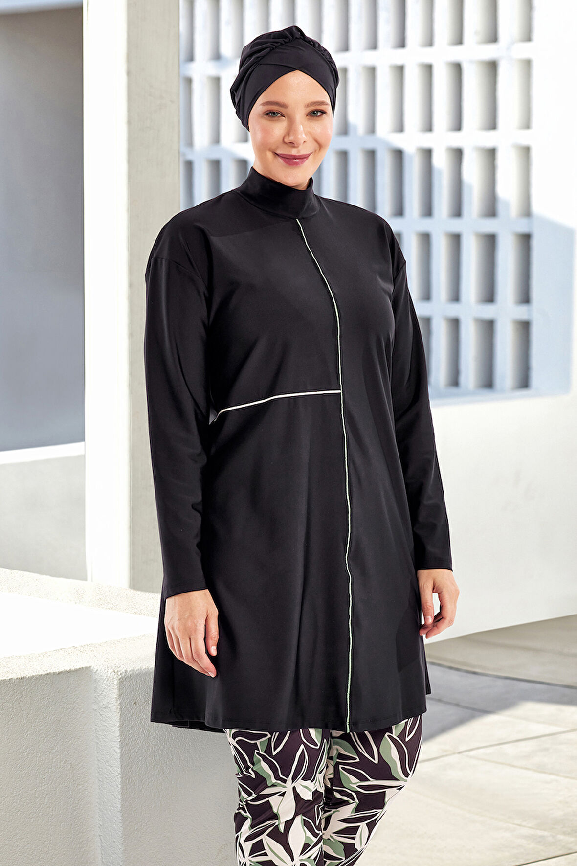 UV Korumalı Büyük Beden Likralı Tam Kapalı Tesettür Mayo 1801 Siyah03 | 5XL