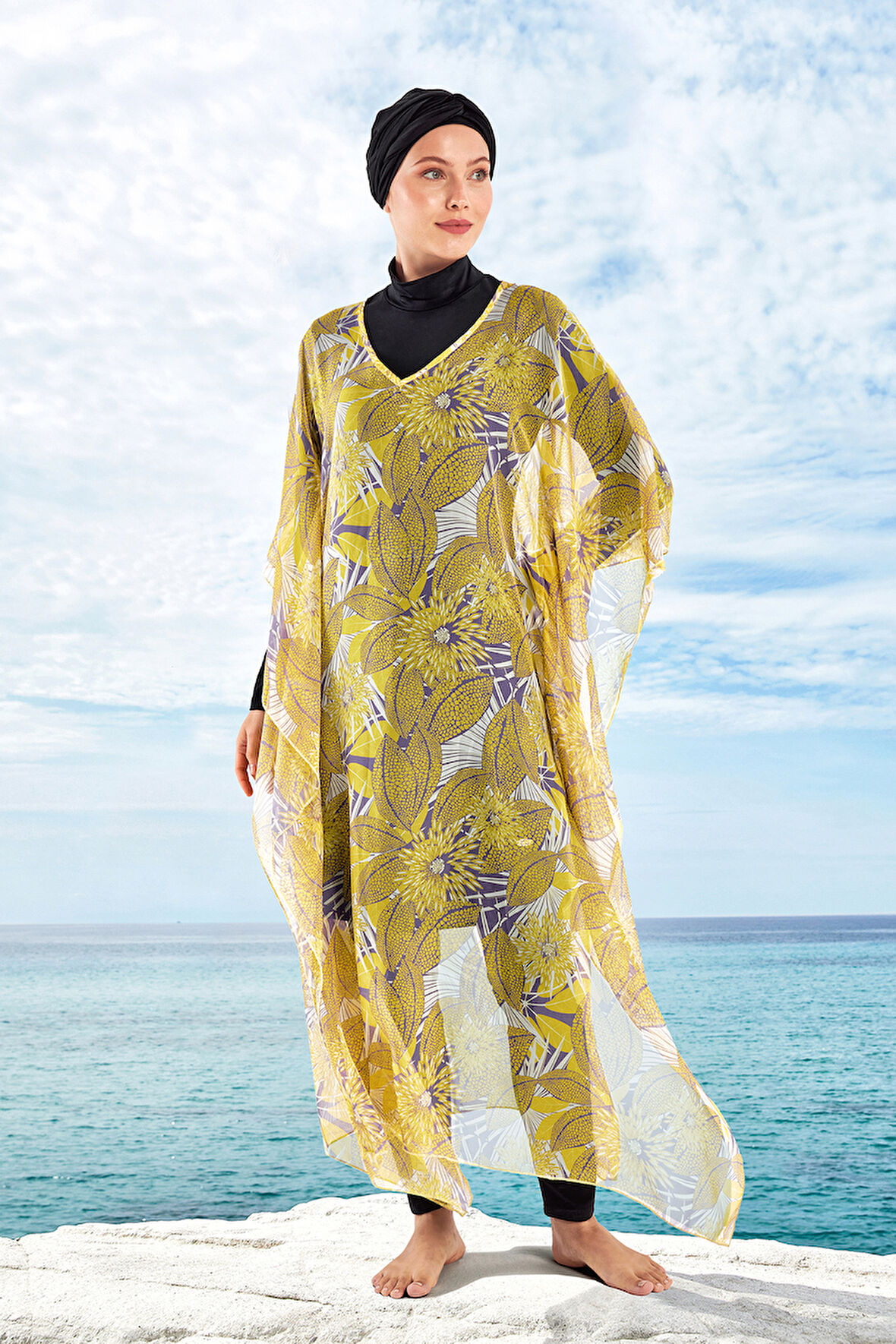 UV Korumalı Mayo Üzerine Tek Pareo Kaftan 1705 Sarı | 1