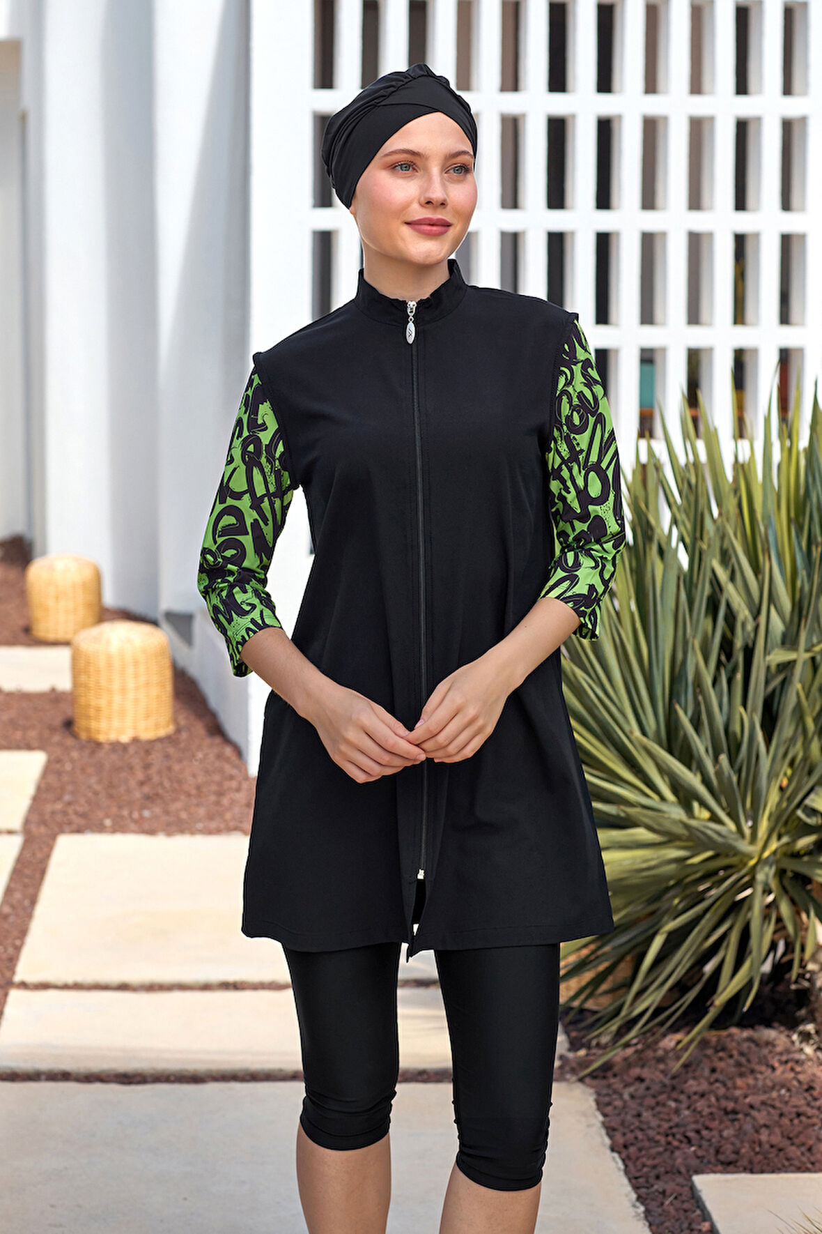 UV Korumalı Spor Likra Truvakar Kol Yarı Kapalı Tesettür Mayo 1602 Siyah15 | S
