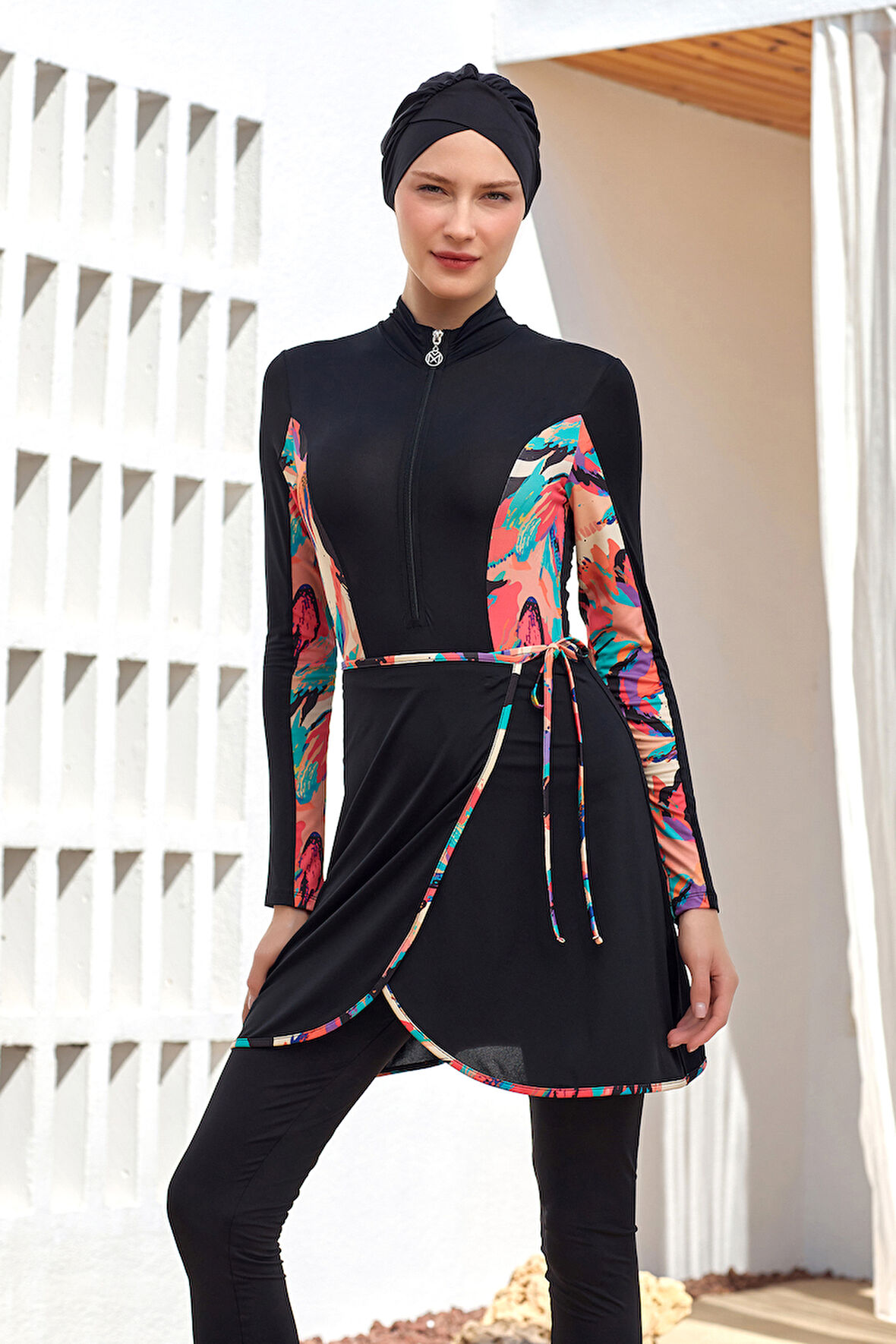 3 Farklı Şekilde Giyilebilir Likralı Etekli Tesettür Mayo Dora 2111 Siyah | XL