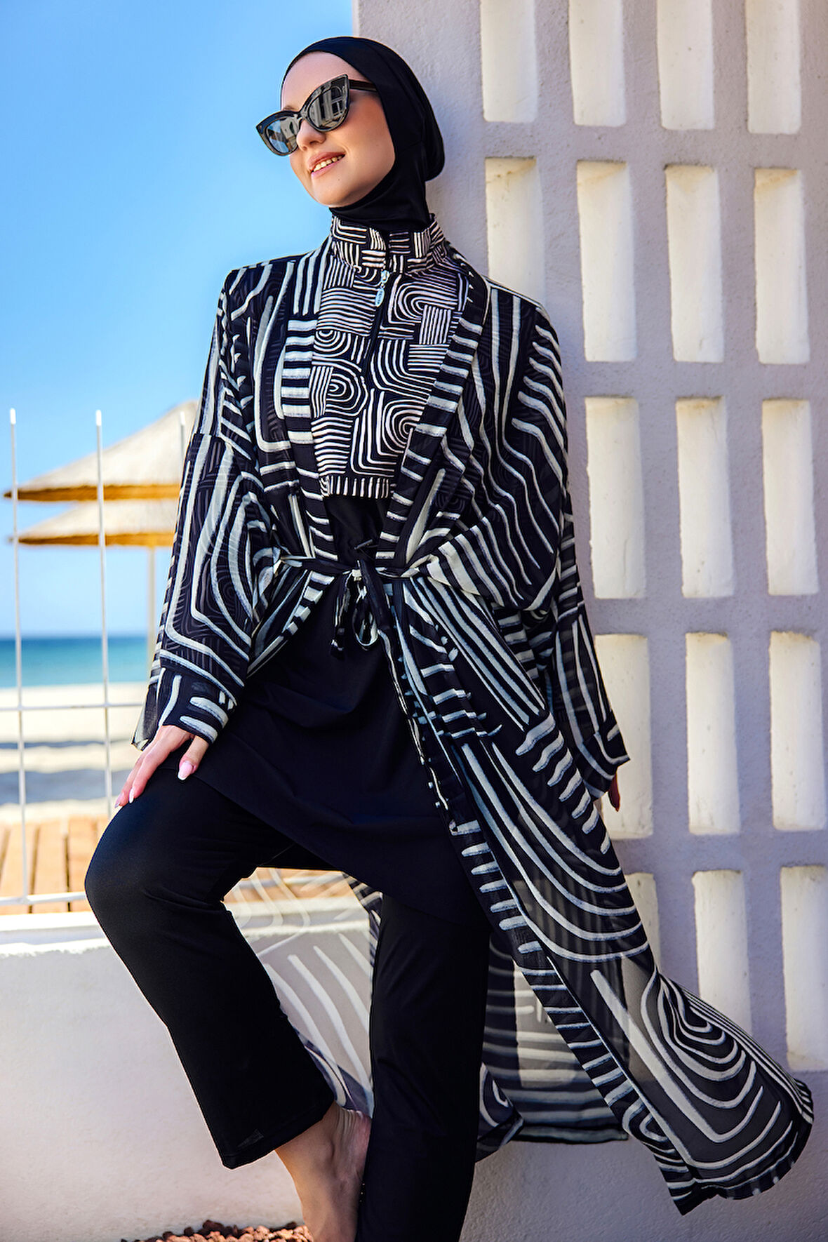 Remsa Tesettür Mayo Üzerine Tek Kaftan Kimono Pareo Siyah02 RP032 Labire | 1