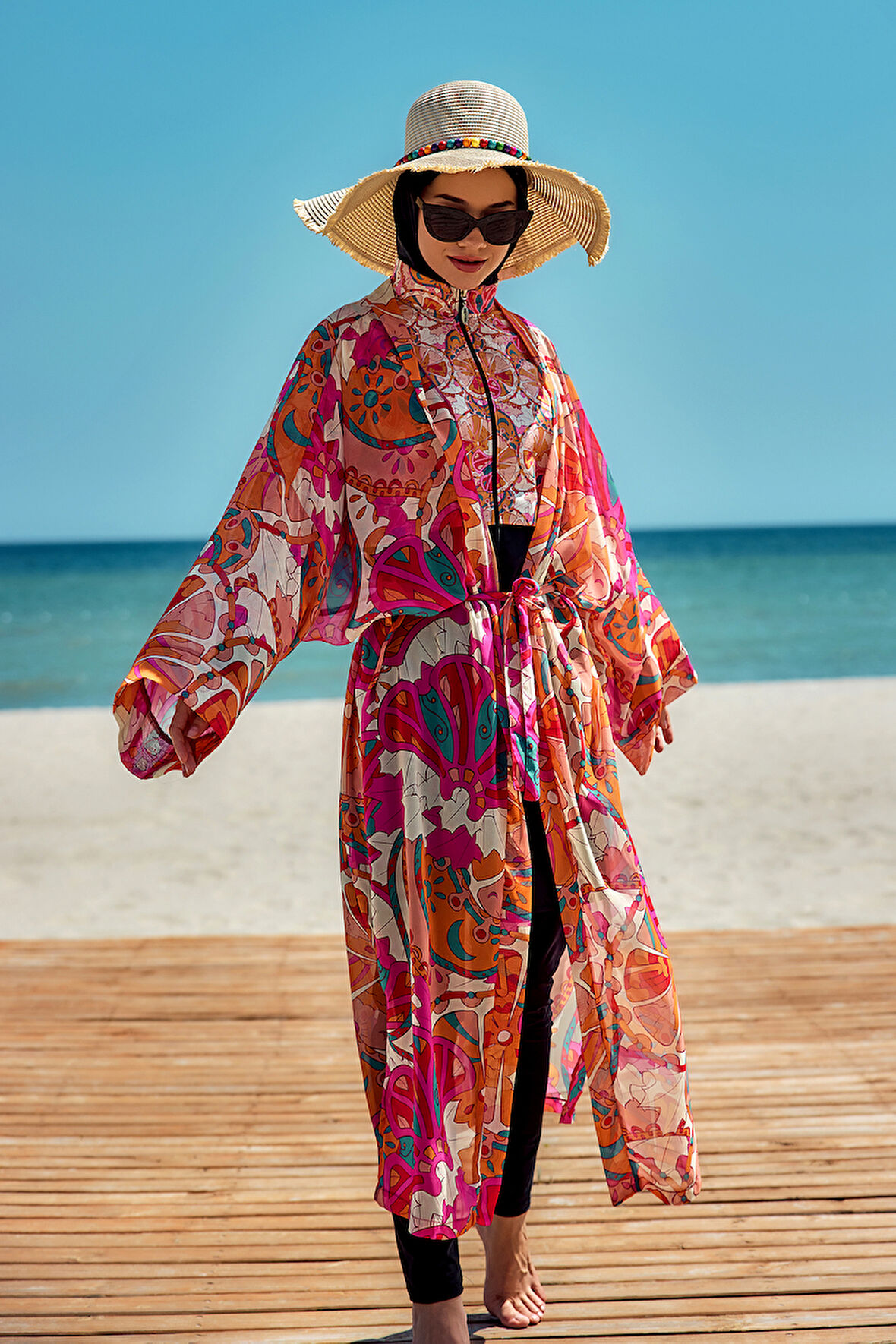 Remsa Tesettür Mayo Üzerine Tek Kaftan Kimono Pareo Oranj RP034 Festival | 2