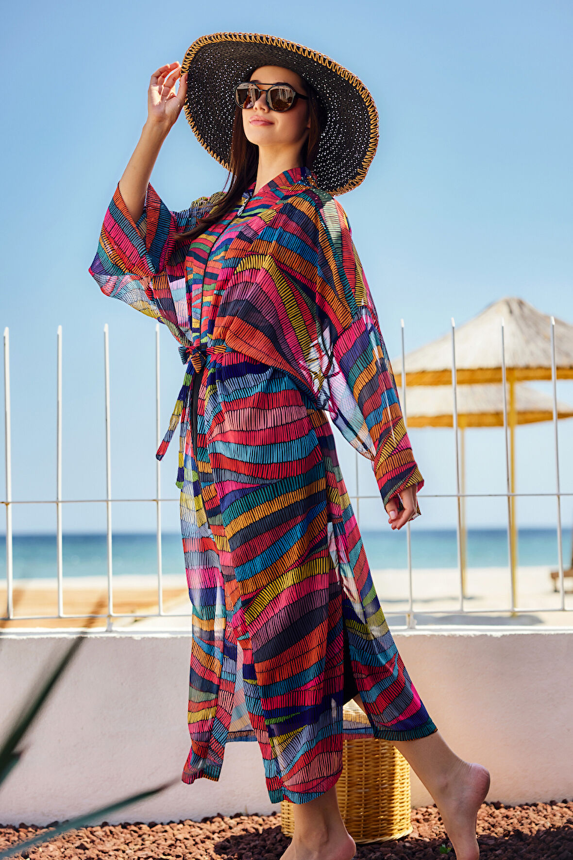 Remsa Tesettür Mayo Üzerine Tek Kaftan Kimono Pareo Siyah03 RP022 Puket | 2