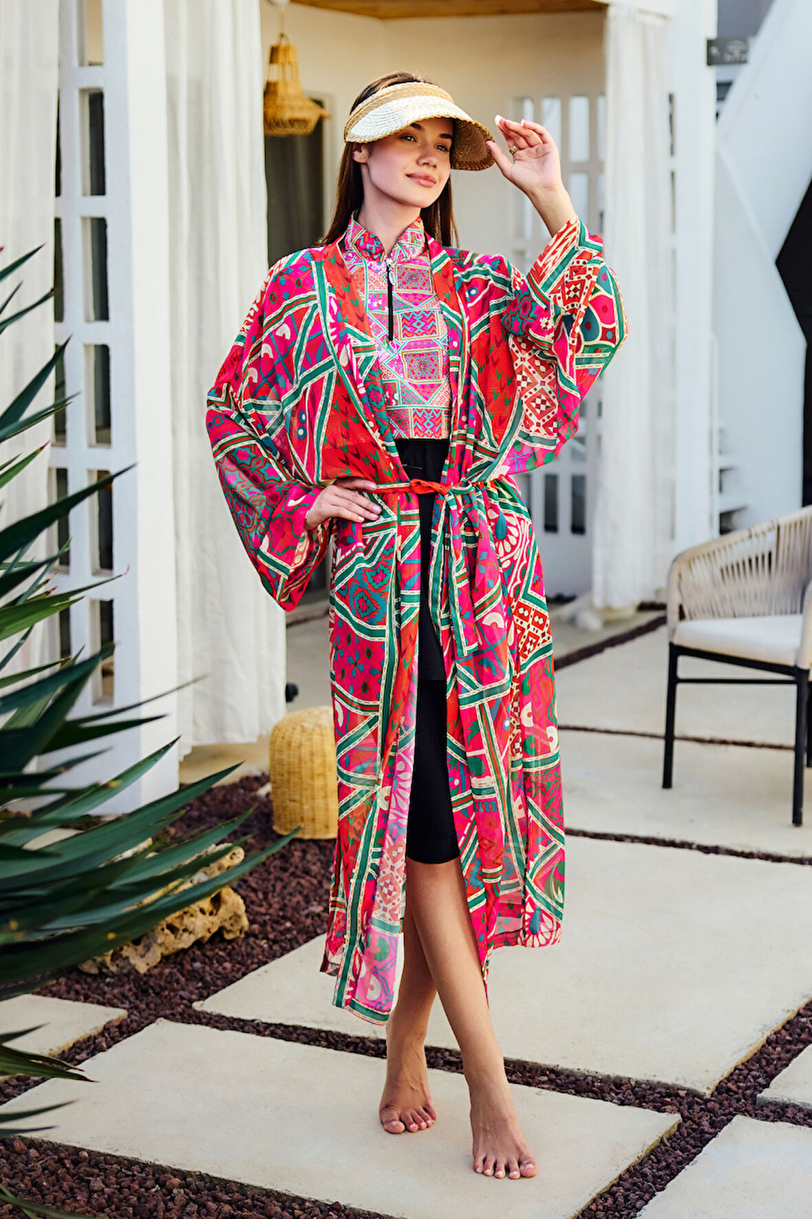 Remsa Tesettür Mayo Üzerine Tek Kaftan Kimono Pareo Pembe RP031 Arzu | 2