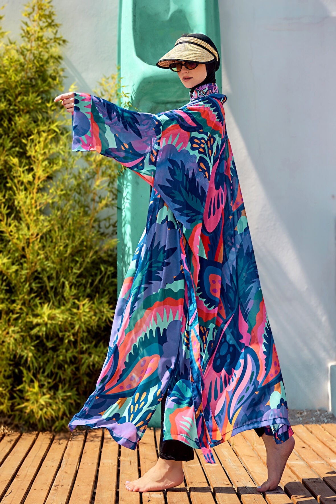 Remsa Tesettür Mayo Üzerine Tek Kaftan Kimono Pareo Mor RP028 Morika | 2