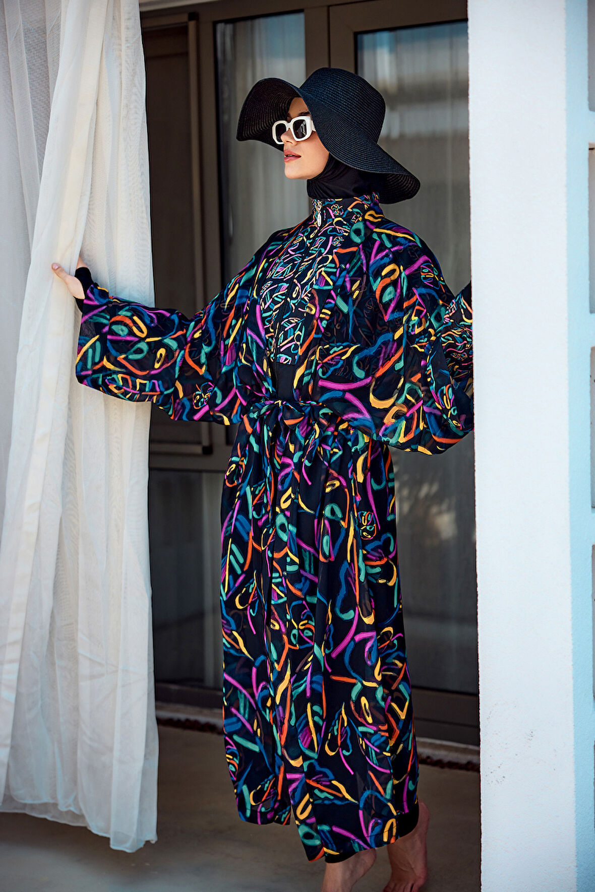 Remsa Tesettür Mayo Üzerine Tek Kaftan Kimono Pareo Siyah04 RP035 Yağmur | 1