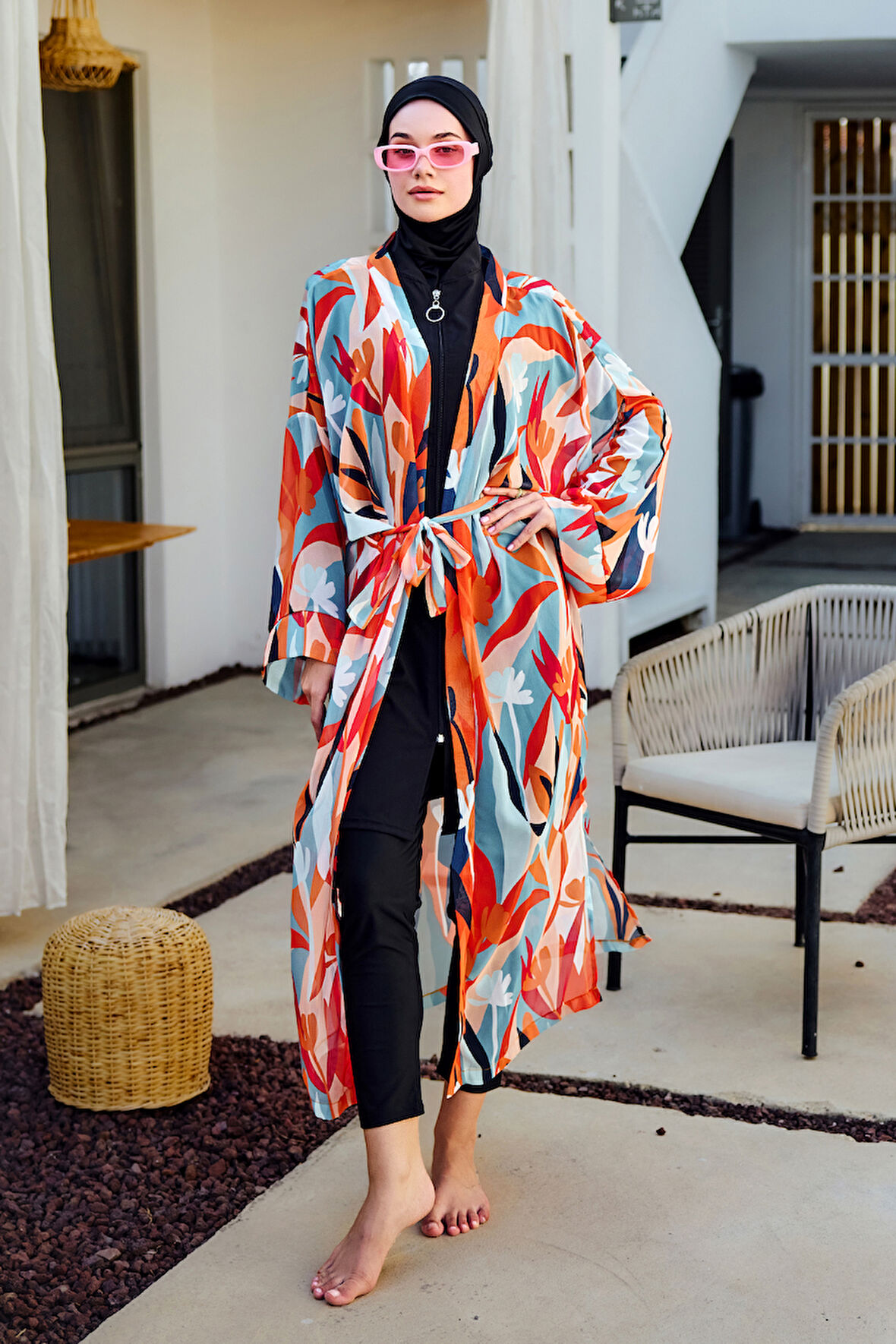 Remsa Tesettür Mayo Üzerine Tek Kaftan Kimono Pareo Turuncu RP027 Lotus | 2