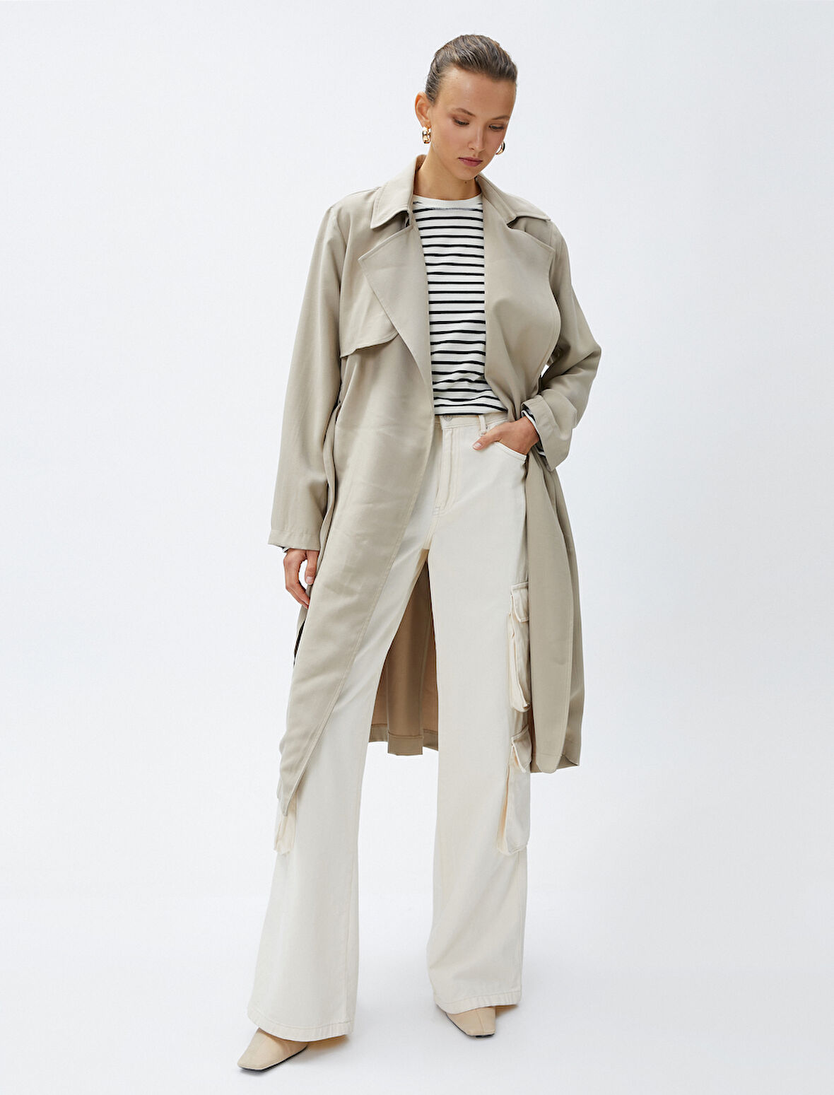 Dökümlü Kruvaze Trençkot Kemerli