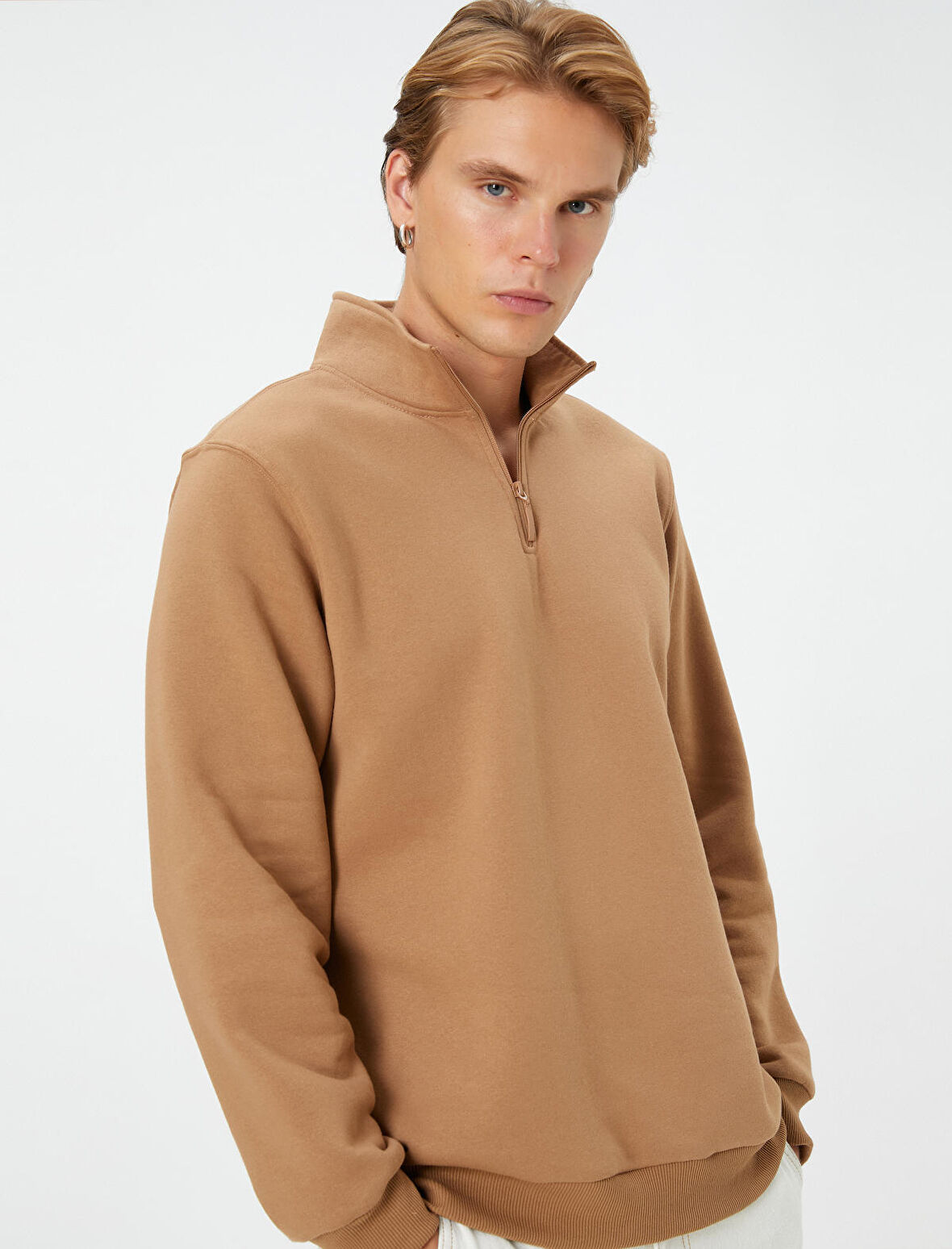 Yarım Fermuarlı Sweatshirt Dik Yaka Uzun Kollu Şardonlu