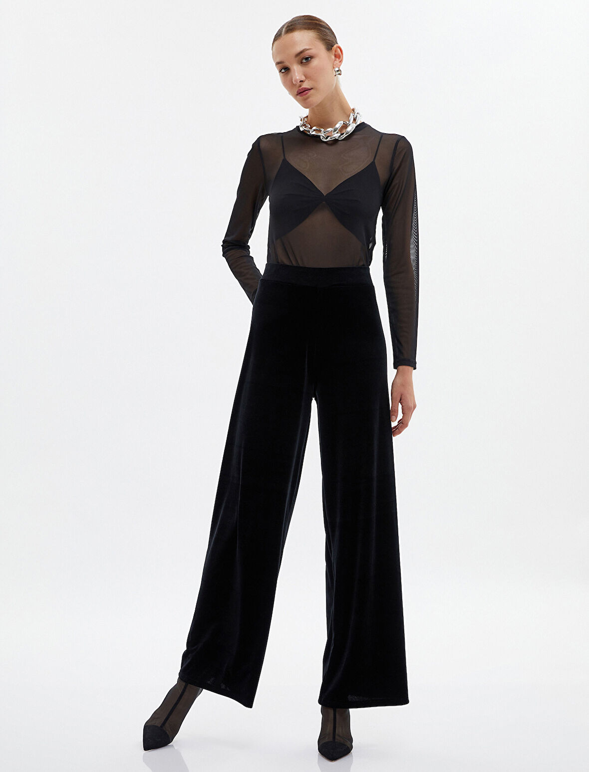 Kadife Pantolon Bol Paça Yüksek Bel