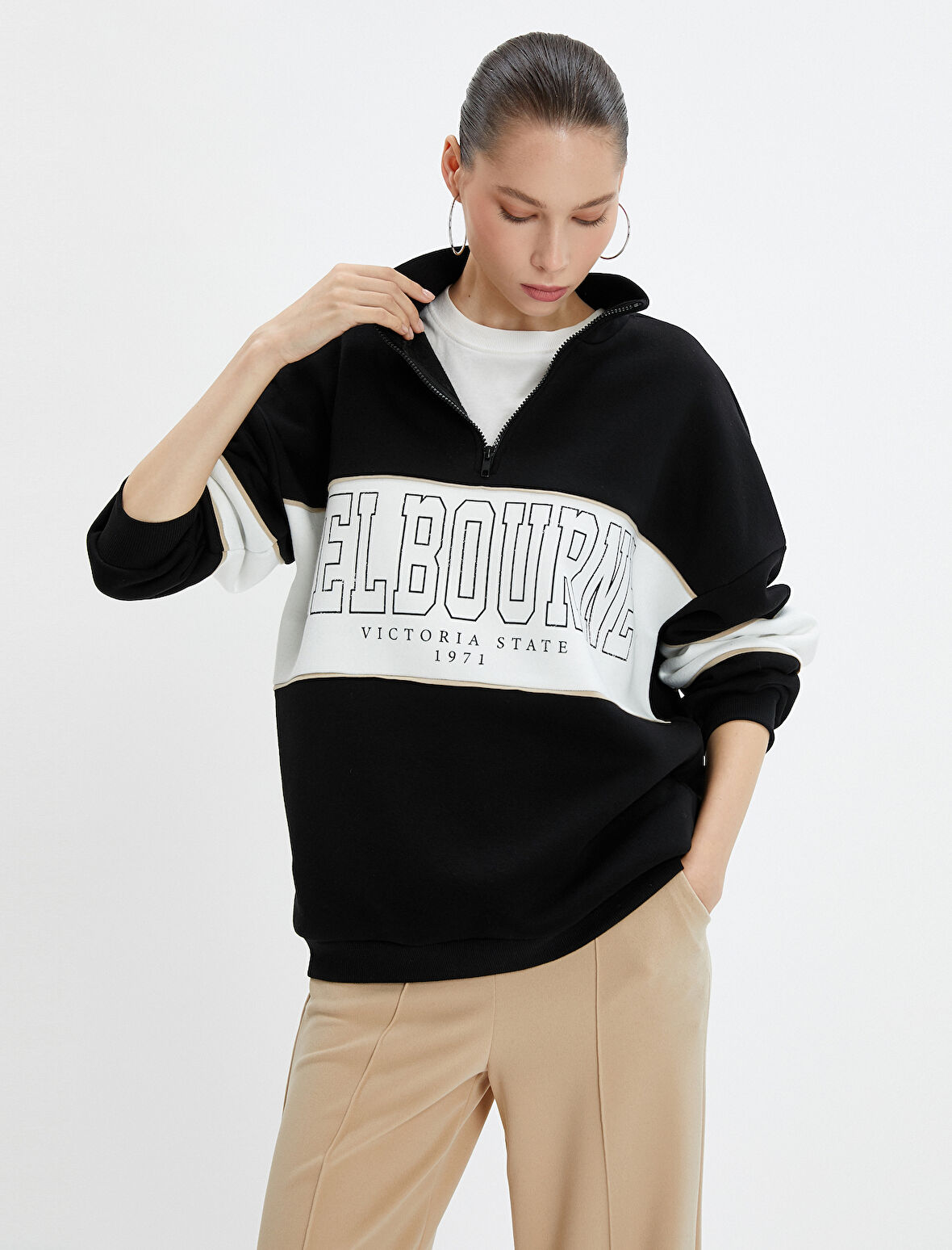 Kolej Oversize Sweatshirt Yarım Fermuarlı Dik Yaka Şardonlu Pamuklu