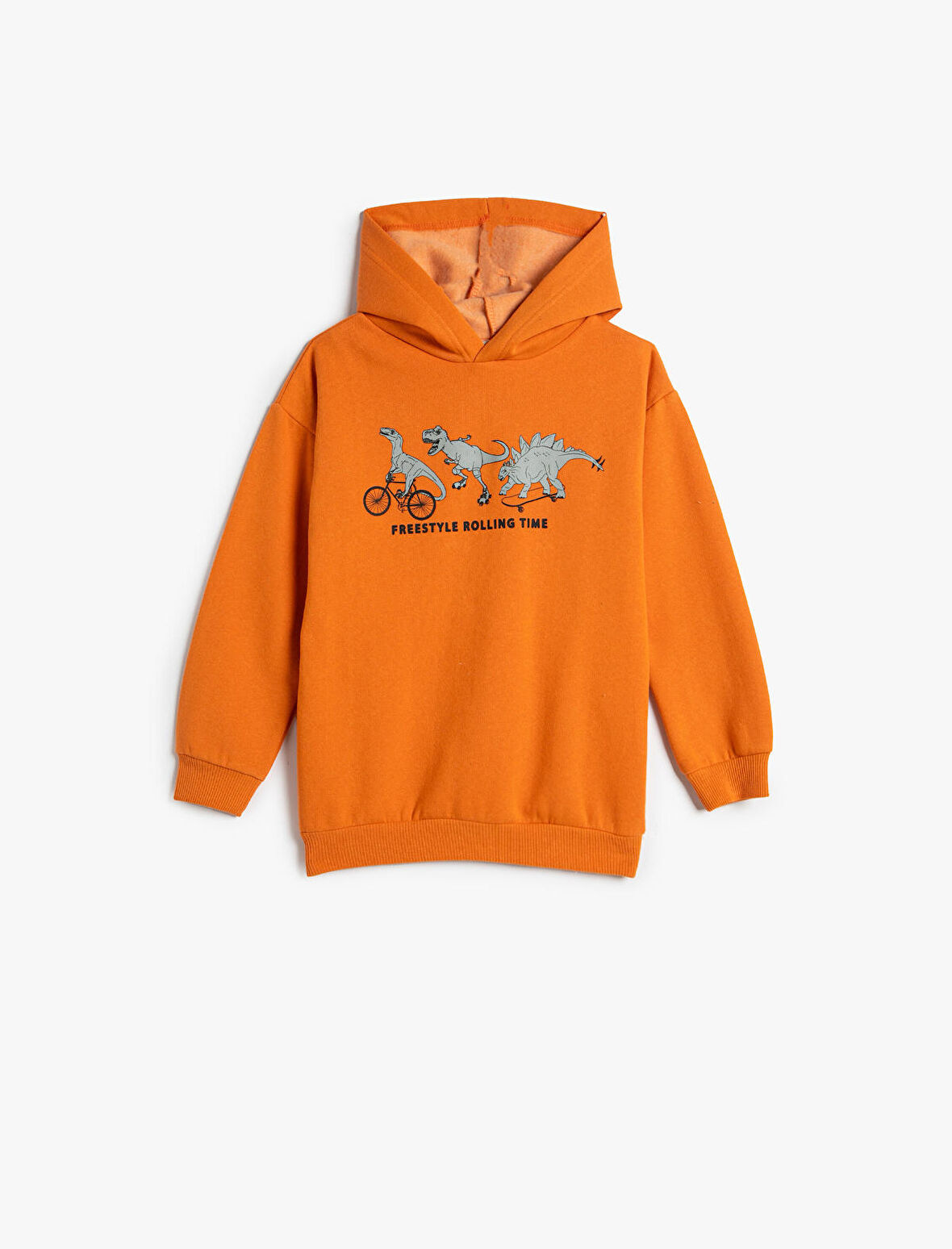 Dinozor Baskılı Kapşonlu Sweatshirt Şardonlu Uzun Kollu Pamuklu