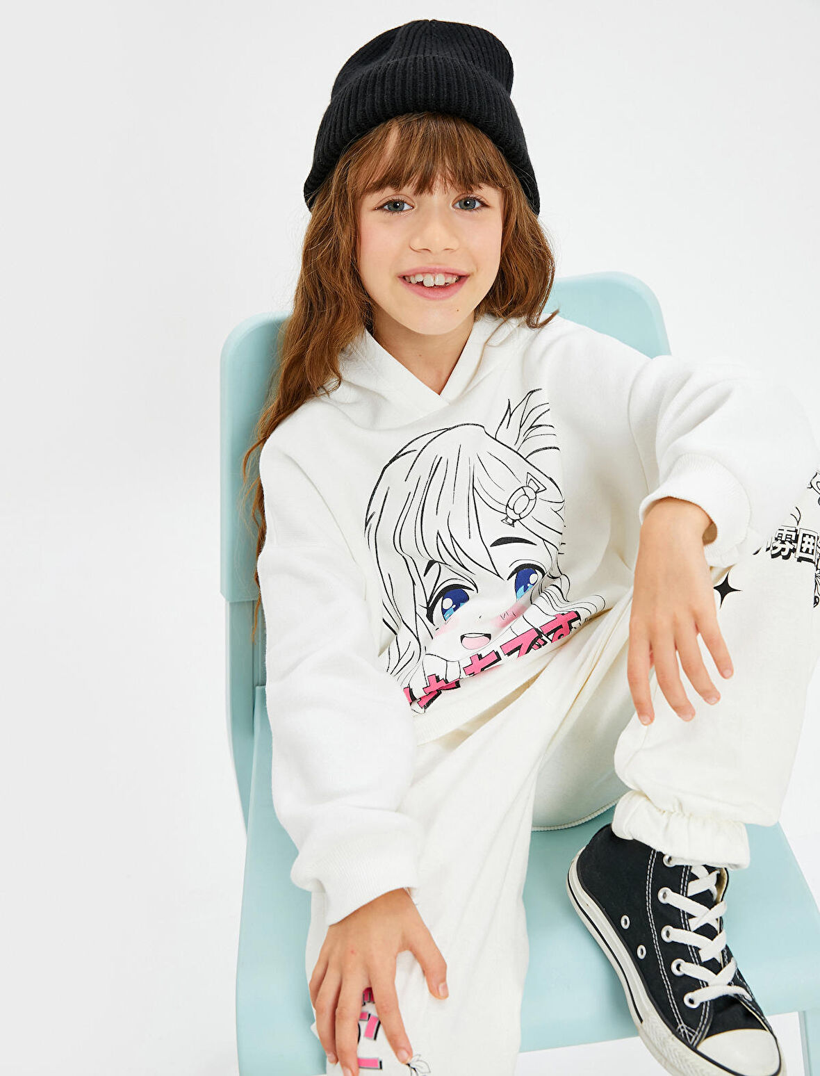 Anime Kapşonlu Sweatshirt Şardonlu Uzun Kollu
