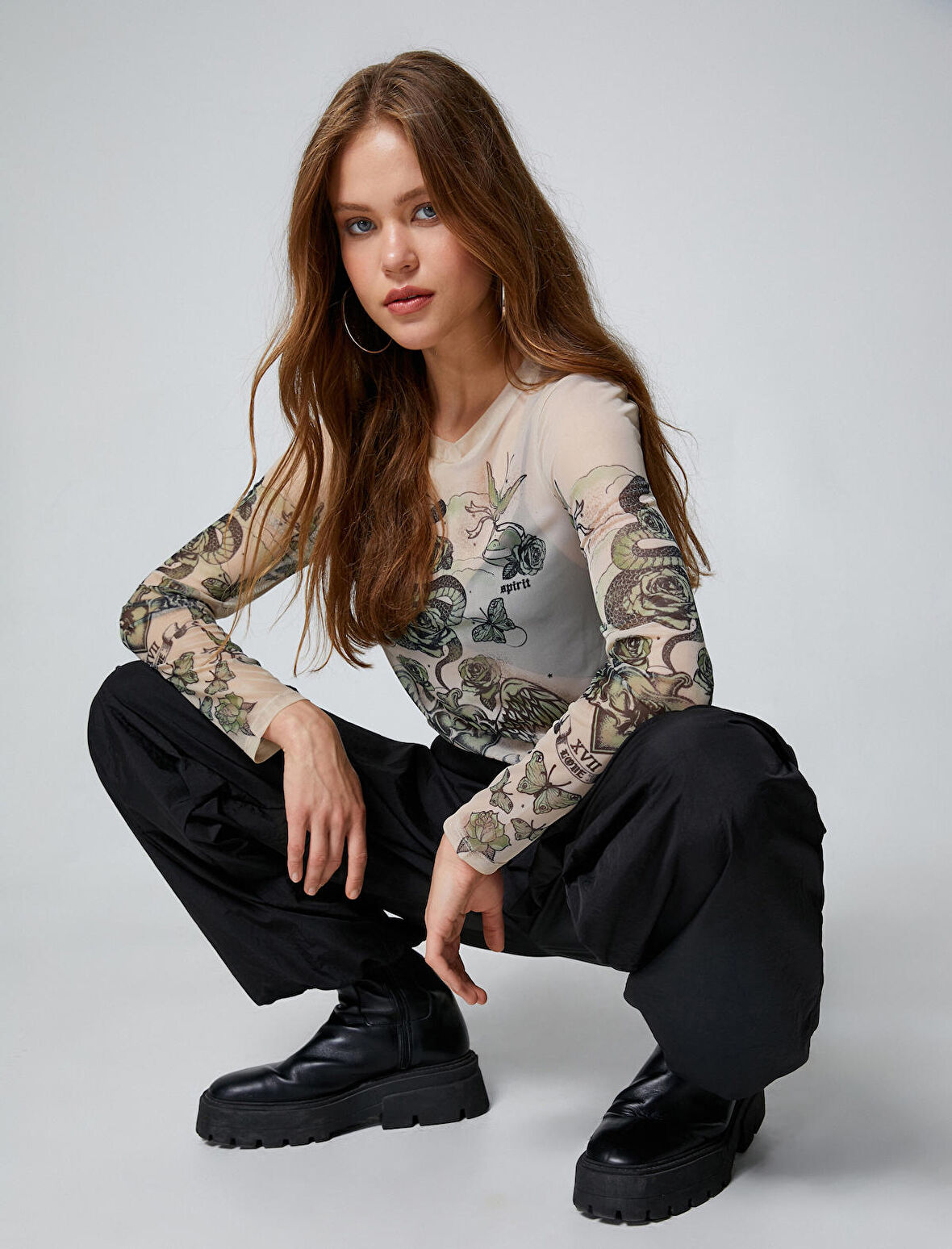 Uzun Kollu Tişört Transparan Baskılı Bisiklet Yaka