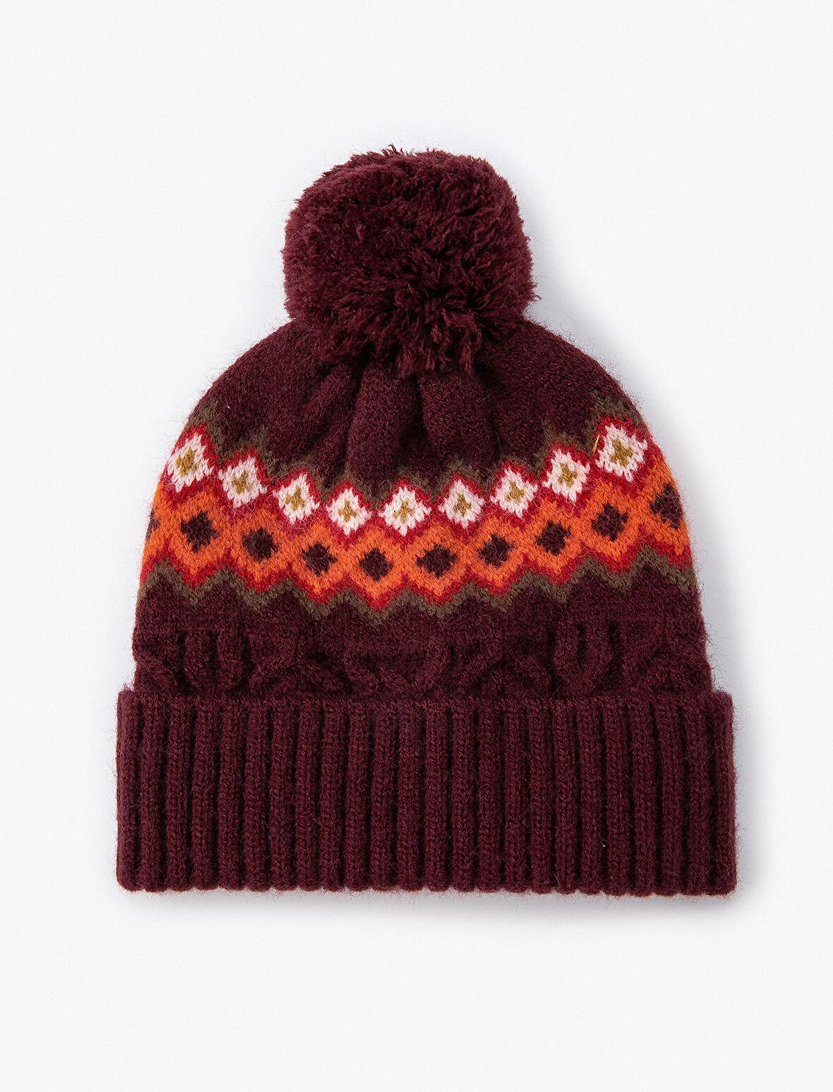 Desenli Örgü Bere Kenarları Katlı Ponpon Detaylı