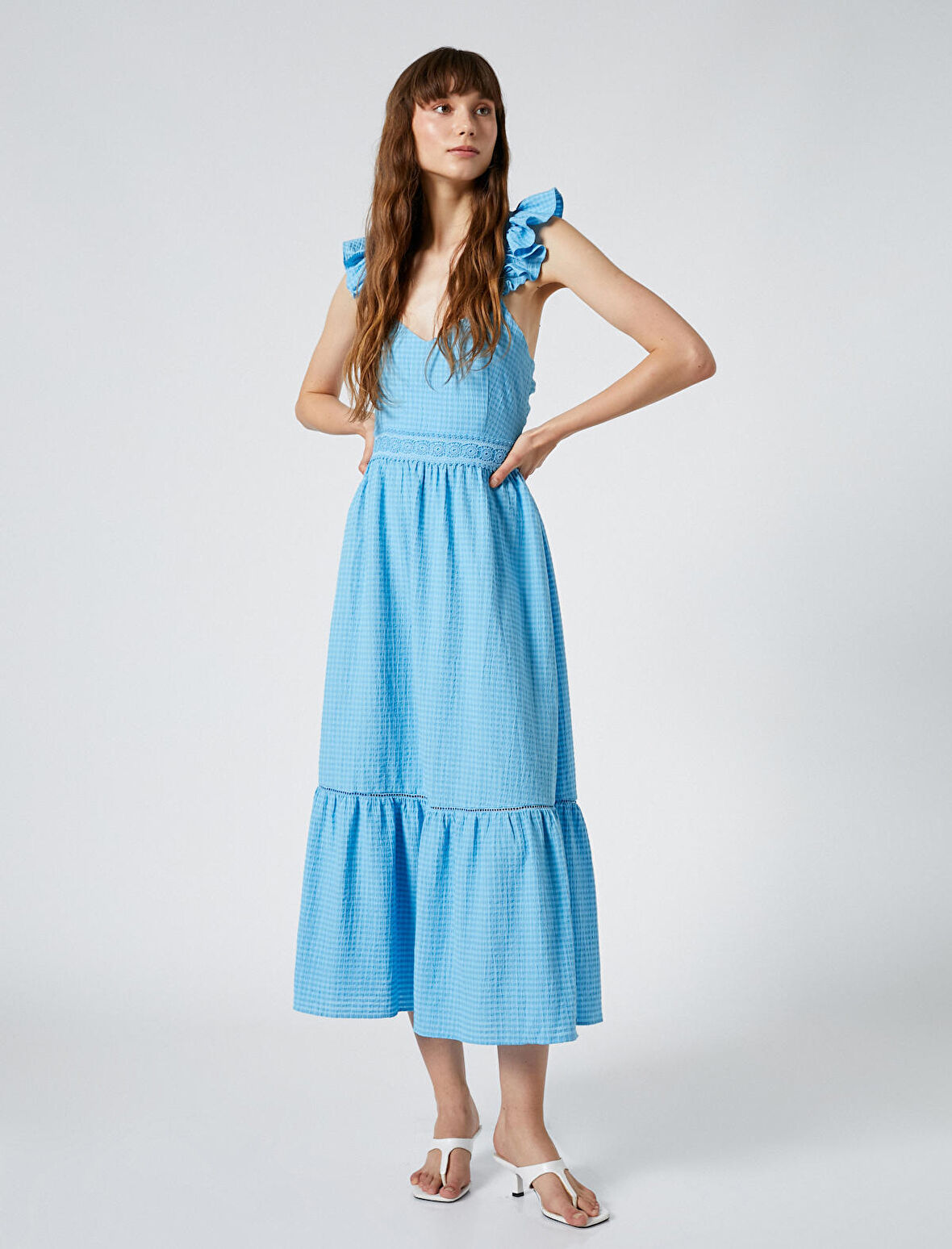 Fırfırlı Elbise Askılı Sırt Detaylı Volanlı Viskon Karışımlı