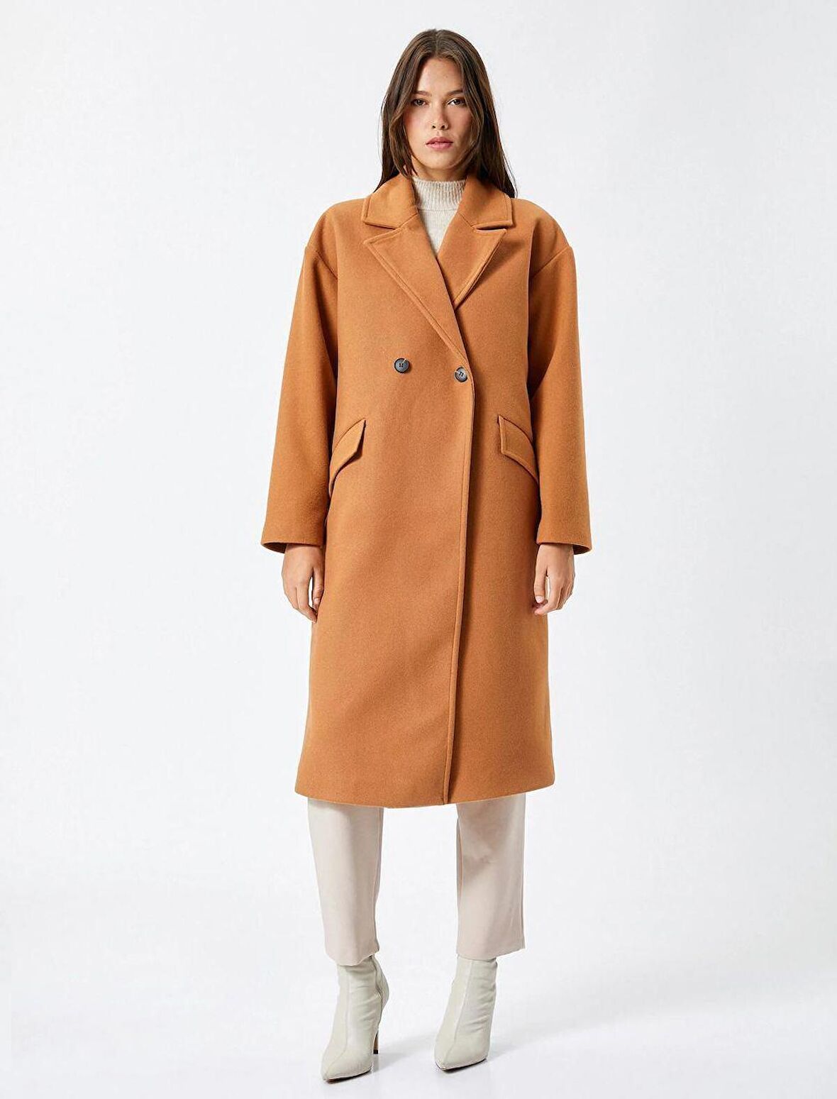 Koton Kadın Uzun Kaşe Kaban Kruvaze Düğmeli Cep Detaylı 4WAK00143EW