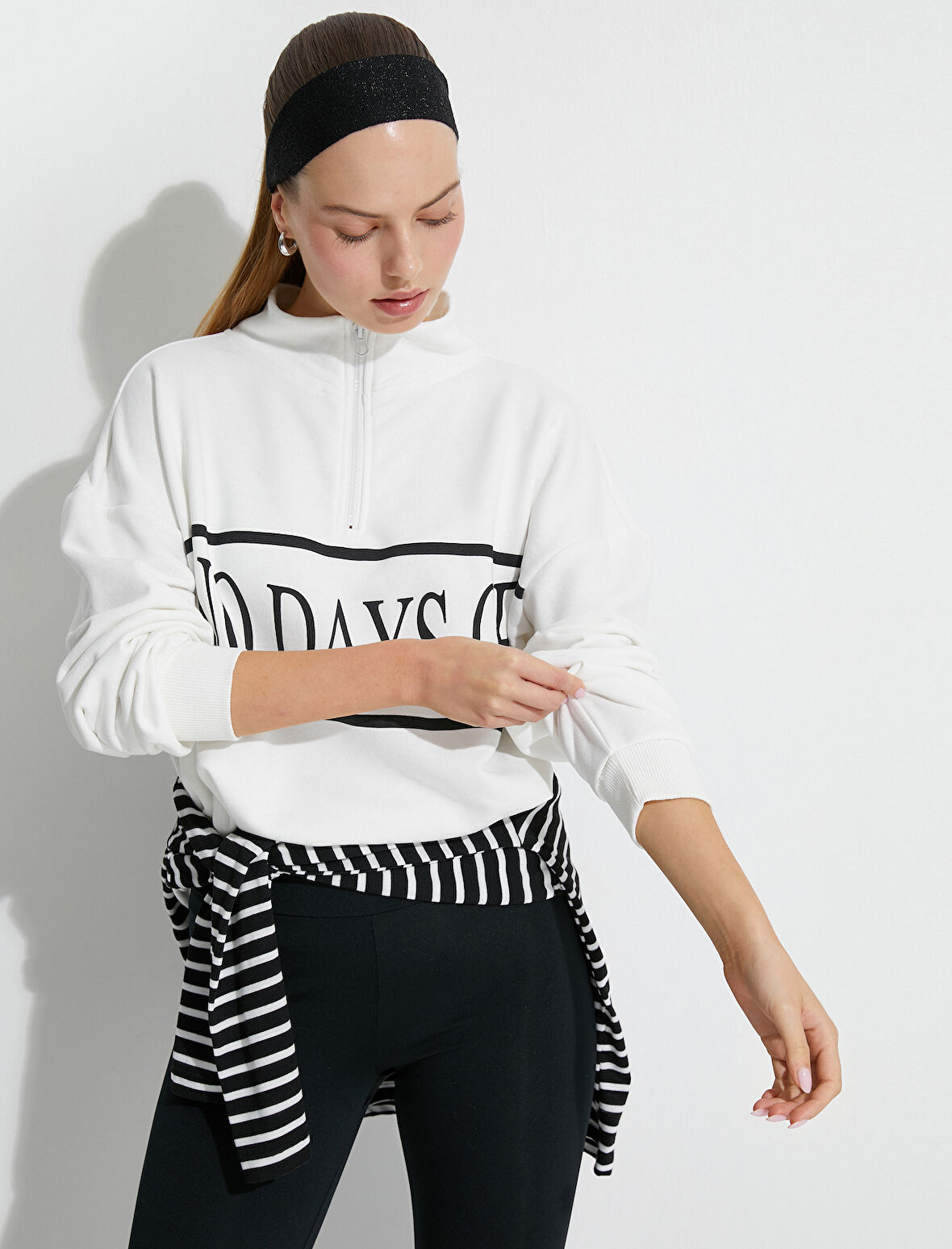 Spor Sweatshirt Yarım Fermuarlı Slogan Baskılı Oversize