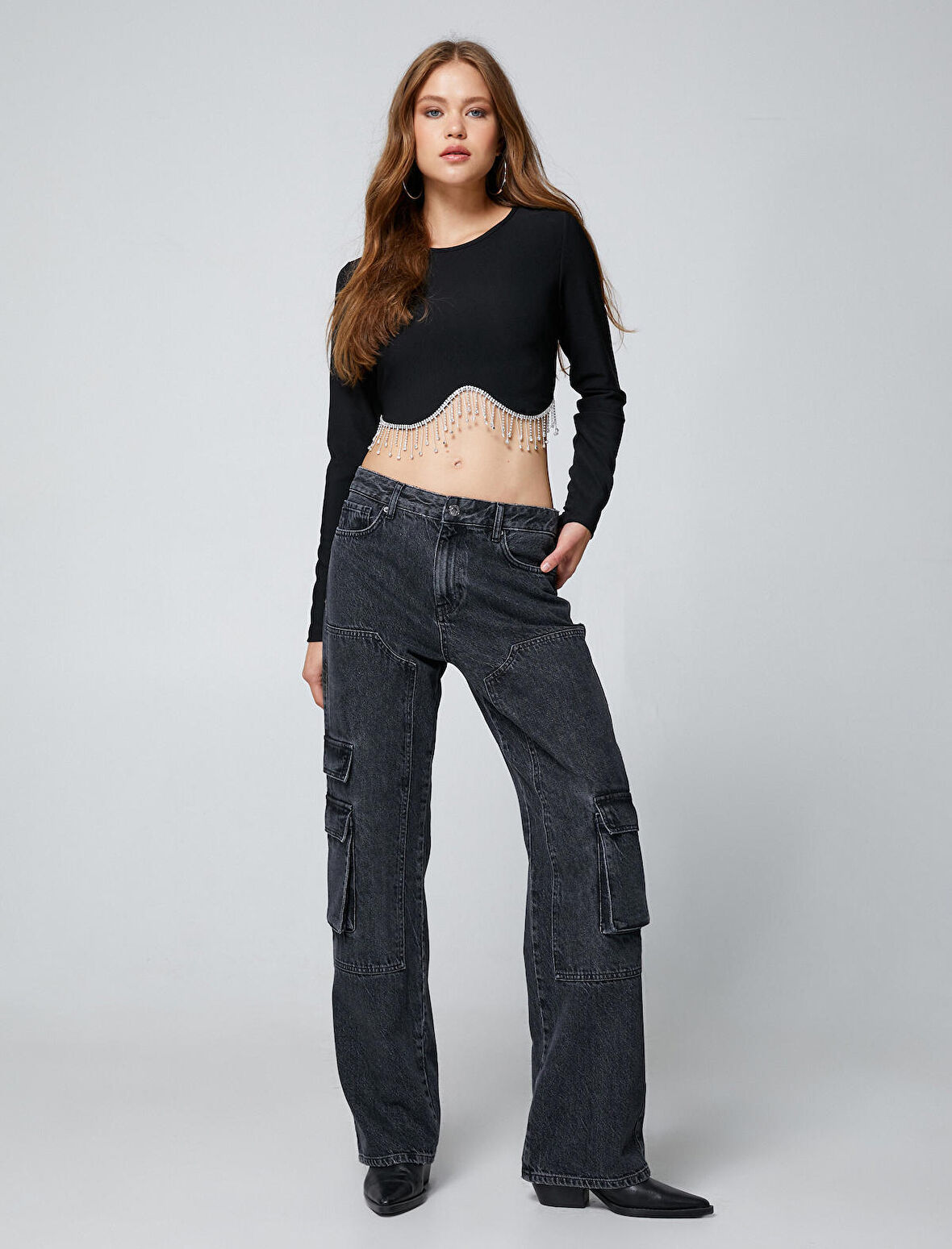 Parlak Taşlı Tişört Crop Uzun Kollu Fitilli Bisiklet Yaka