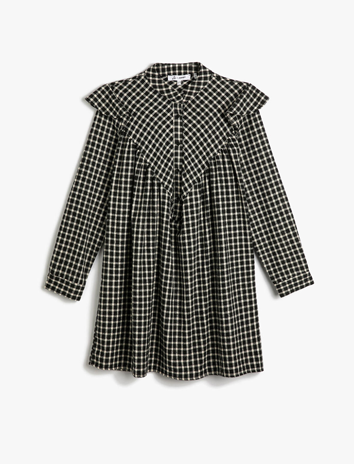 Mini Gömlek Elbise Fırfırlı Yumuşak Dokulu Uzun Kollu Dik Yaka Yarım Düğmeli