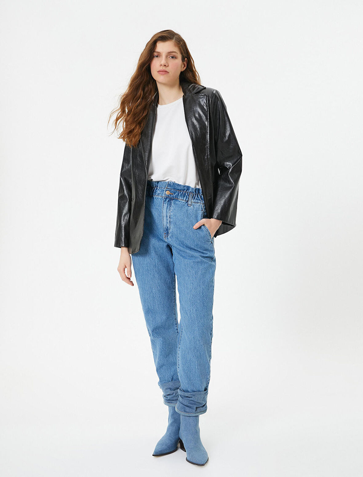 Beli Lastikli Yüksek Bel Kot Pantolon - Baggy Jean