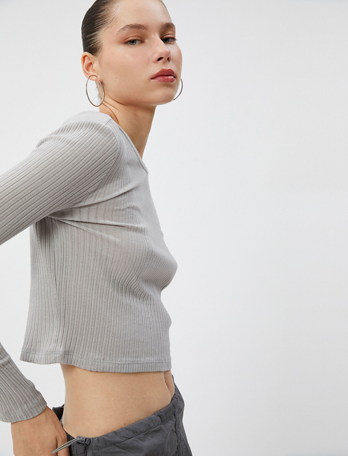 Bluz Uzun Kollu Bisiklet Yaka Dokulu Pamuklu