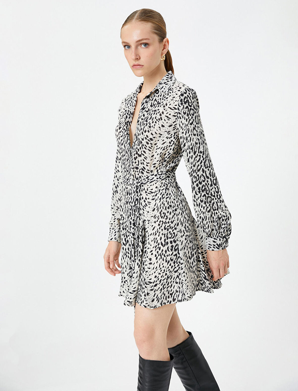 Gömlek Elbise Mini Leopar Desenli Kuşaklı Kloş