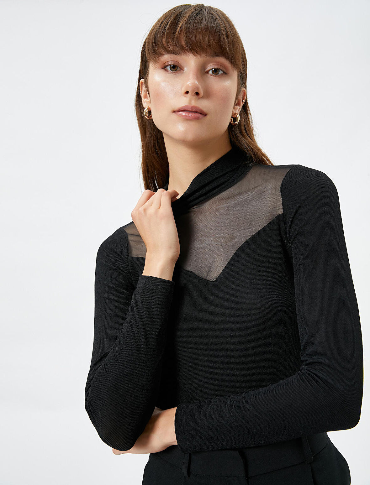 Uzun Kollu Tişört Tül Detaylı Dik Yaka Fitilli