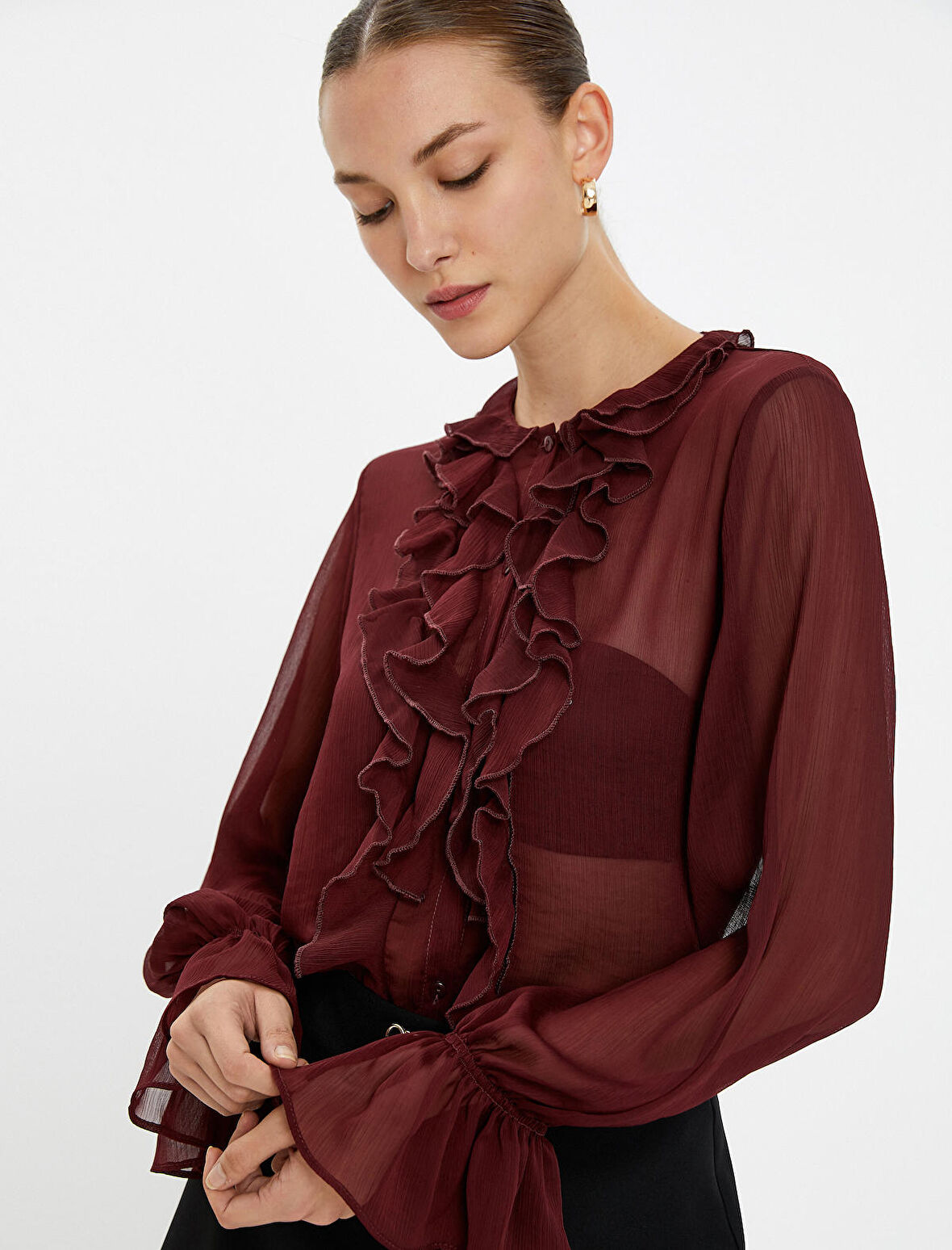 Şifon Gömlek Transparan Fırfırlı Düğmeli Bisiklet Yaka