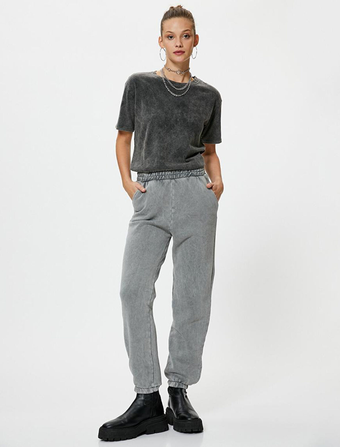 Jogger Eşofman Altı Yıkamalı Beli Lastikli Rahat Kesim Cepli