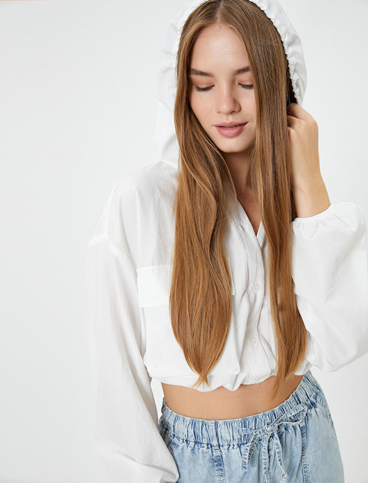 Kapşonlu Crop Paraşüt Gömlek Oversize Uzun Kollu Cepli